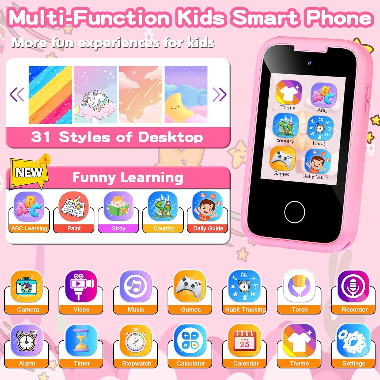 Thumbnail 1 de Kids Smart Phone Toys for Girls: 2.8" Touchscreen Learning Phone with Dual Camera & Music – 8G