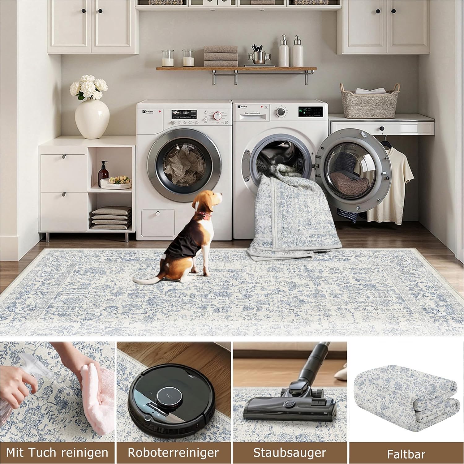 Thumbnail 4 de HUGEAR Vintage Blue Low Pile Area Rug (240x300cm) – washable non-slip living room carpet