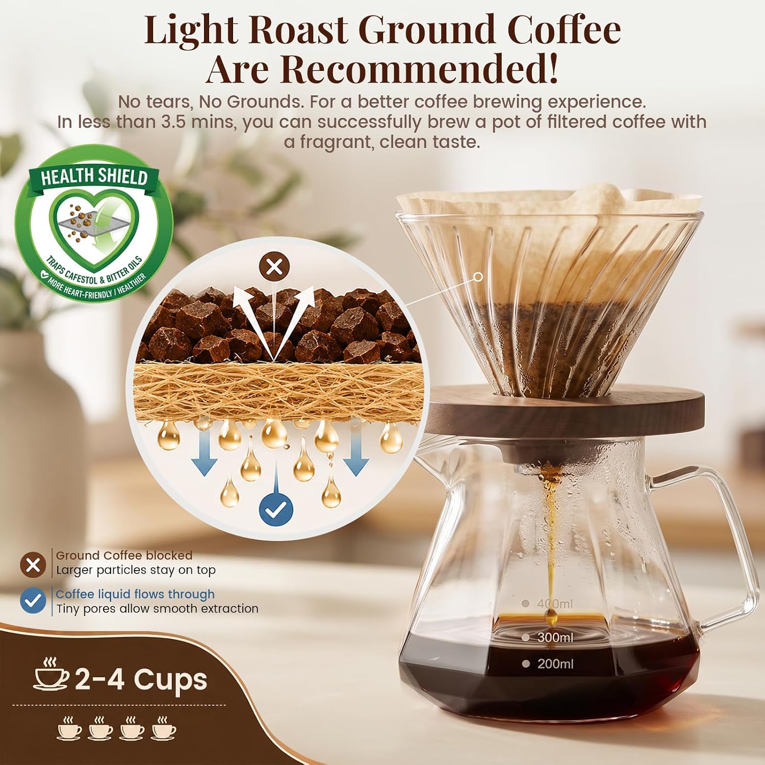 Detalle de Clinuse Cone Coffee Filters #2 (02) — 200 Count, Unbleached, 2–4 Cup Cone Filters