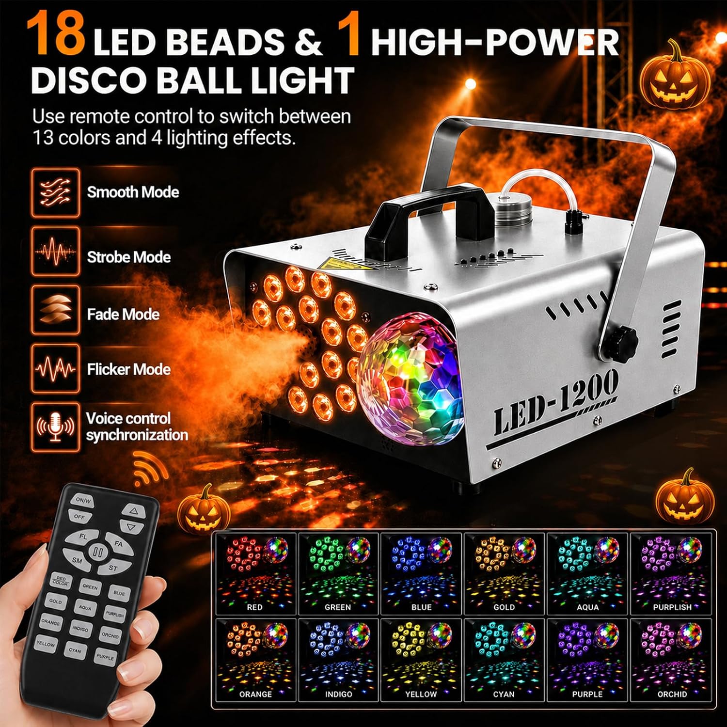 Thumbnail 1 de Gewaizhuan 1200W Fog Machine with Disco Light, 18 LEDs and Remote