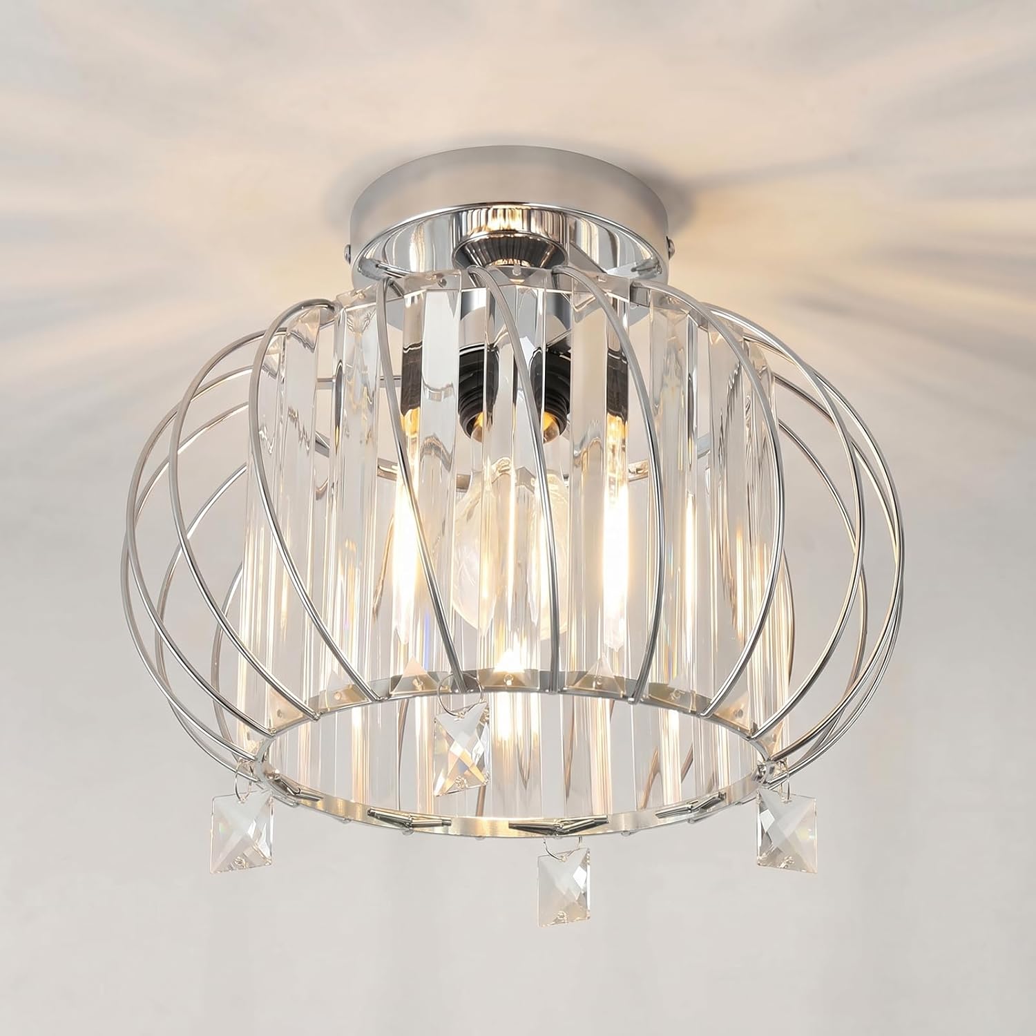 ANWIO Lustre en cristal moderne argenté E27 pour cuisine et salon Ø280 mm