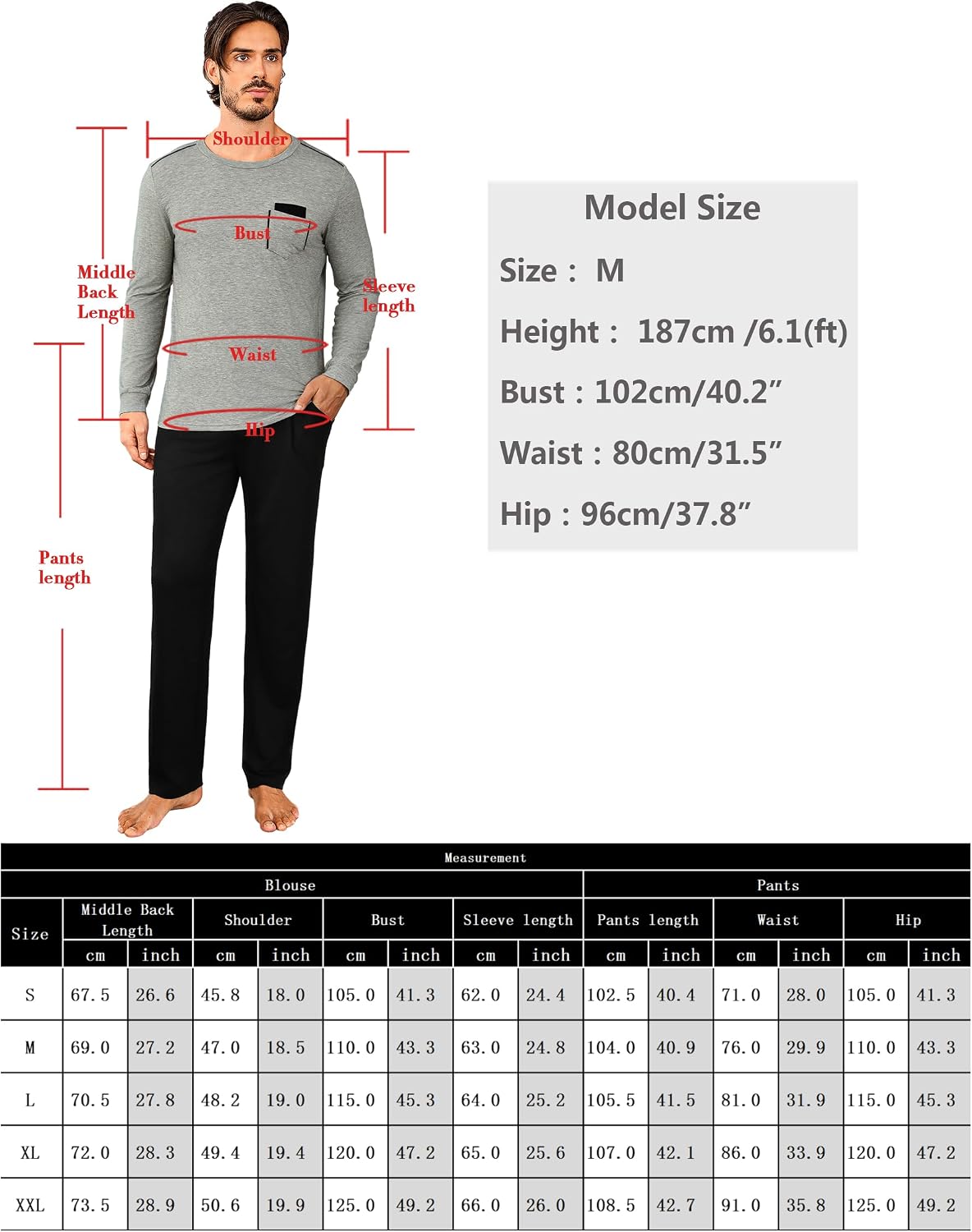 Detalle 2 de Uniexcosm Pyjama Homme Hiver en Coton – Ensemble deux pièces avec poches et taille ajustable