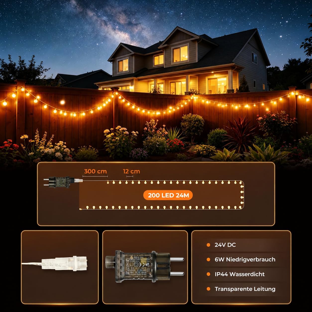 Detalle 2 de LED-Lichterkette Outdoor 27 m, 200 LEDs – IP44, warmweiß, dimmbar mit Timer und Fernbedienung