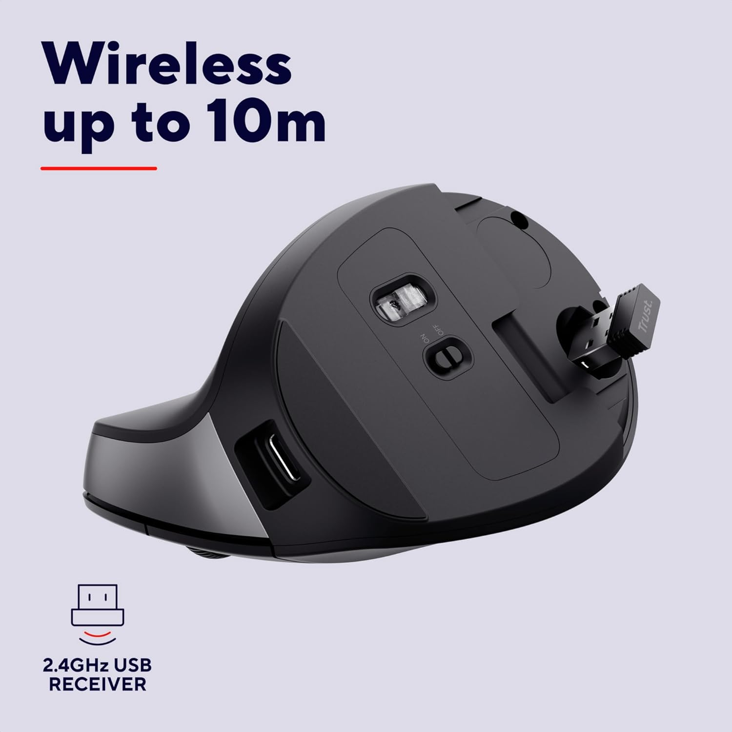 Thumbnail 3 de Trust Yuno Wireless Ergonomic Vertical Mouse (Rechargeable, 2.4GHz, 800–2400 DPI) – Black