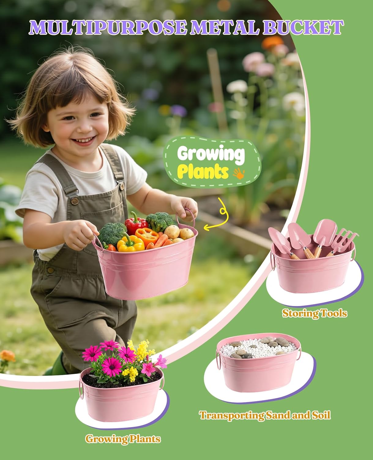 Thumbnail 2 de Floraxa 8Pcs Kids Gardening Set: Real Metal Tools with Wooden Handles & Metal Basket