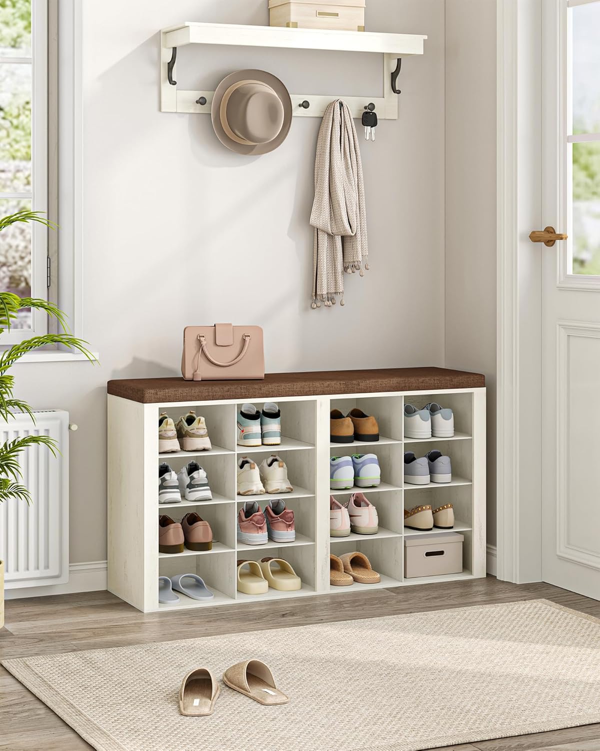 Detalle de Hzuaneri banc à chaussures blanc SB25614KA avec siège et rangement (16 compartiments, coussin)