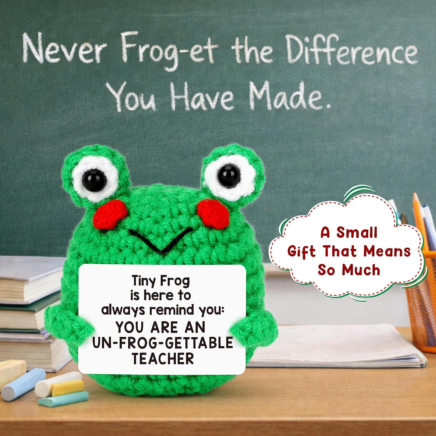 Thumbnail 1 de Teacher Appreciation Gift: Handmade Crochet Frog with Encouragement Card