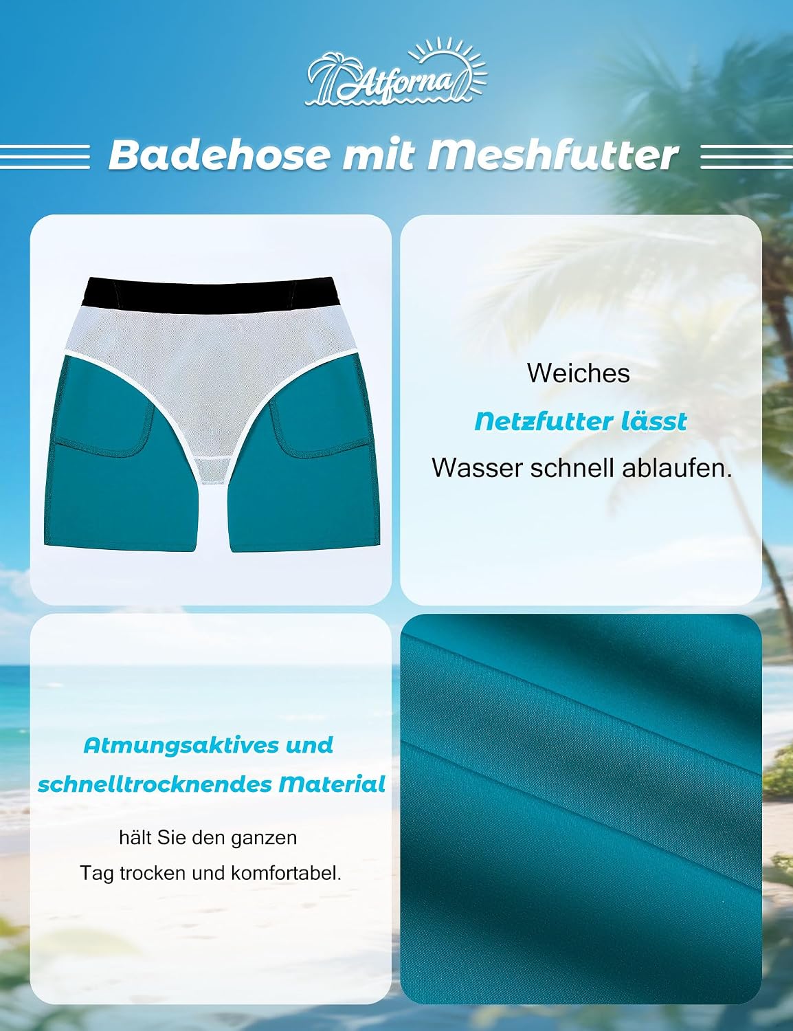 Thumbnail 5 de Atforna Badehose Herren mit Mesh-Innenslip & Reißverschlusstasche – Schnelltrocknend, atmungsaktiv, 4-Wege-Stretch