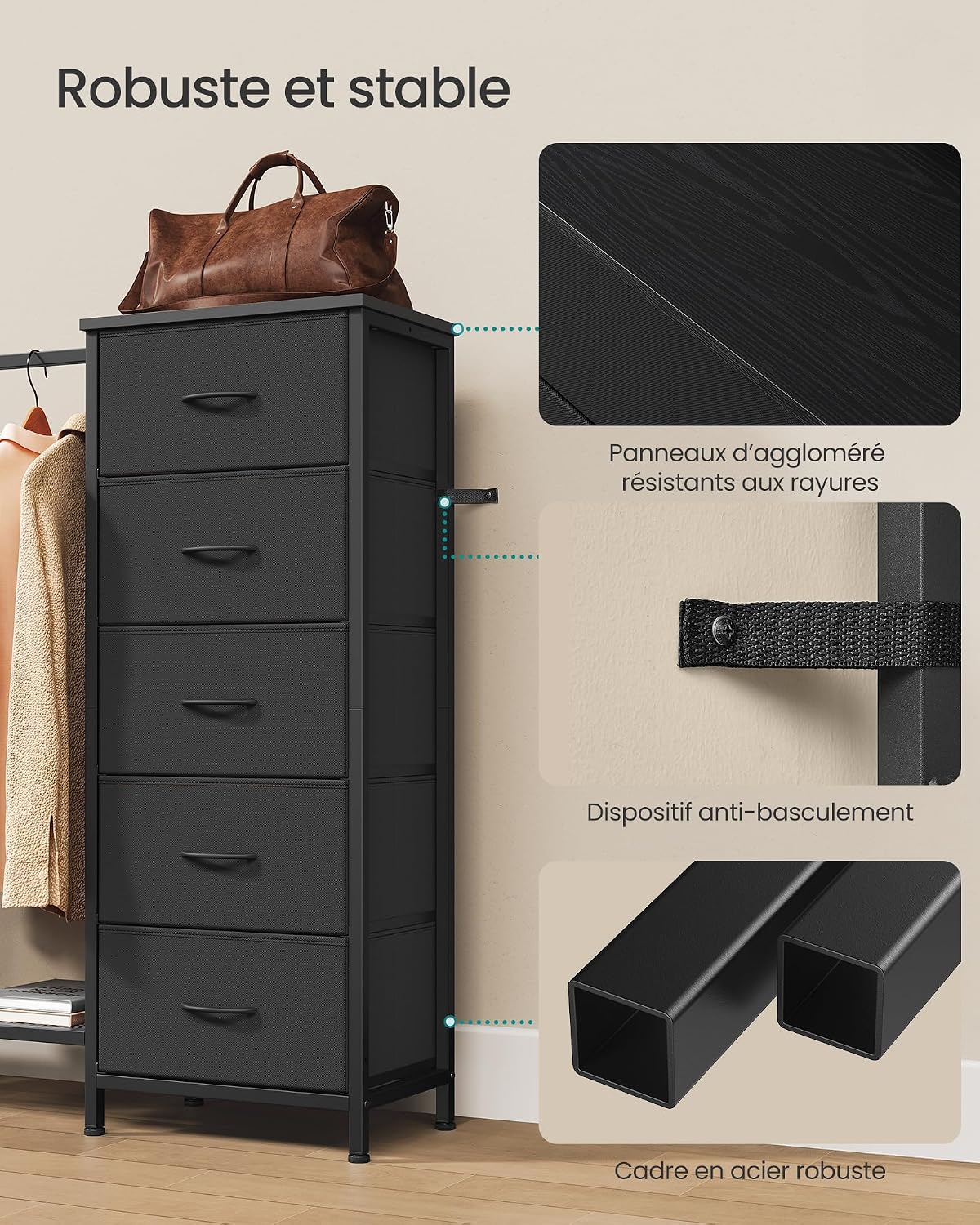 Detalle 2 de SONGMICS LGS423B101 kledingrek met 5 laden, stang en schoenenrek, inktzwart