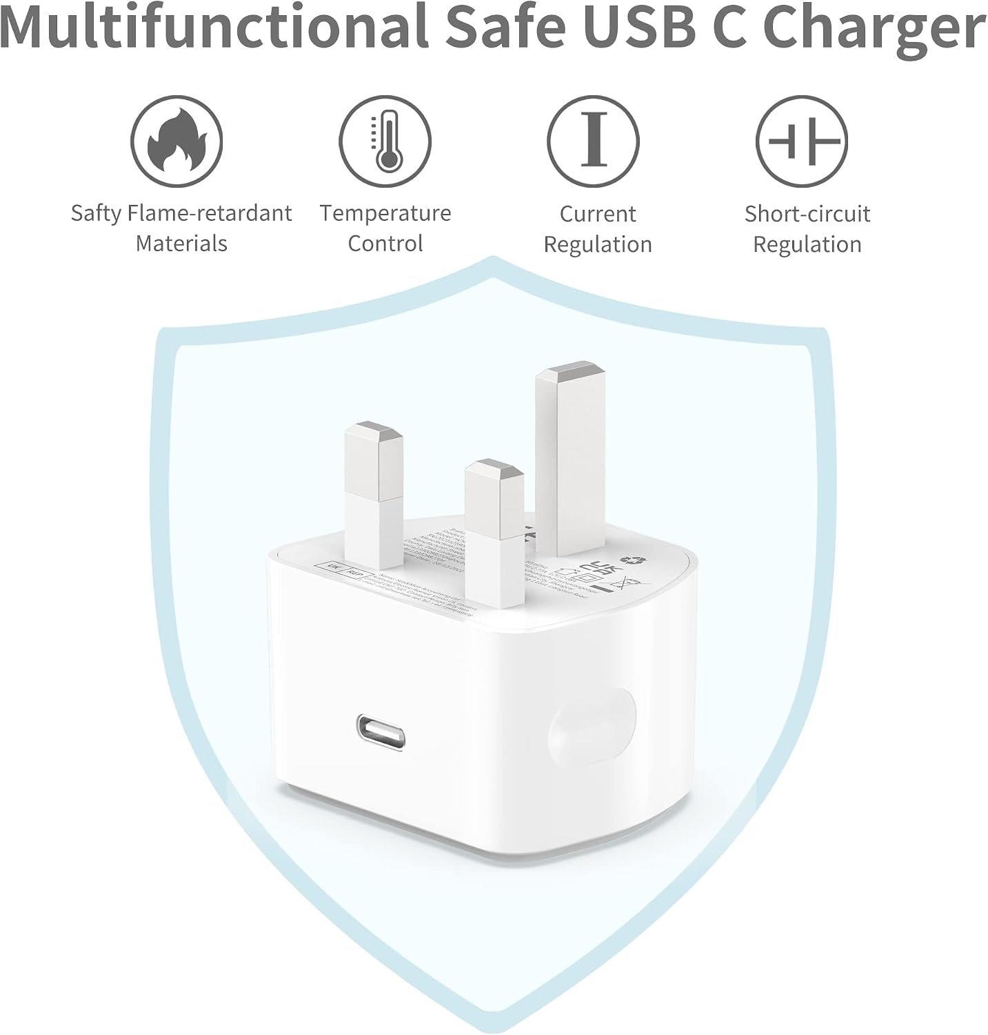 Detalle de AICCOLO 20W USB-C Fast Charger with 2m Cable for iPhone and More – UK Plug