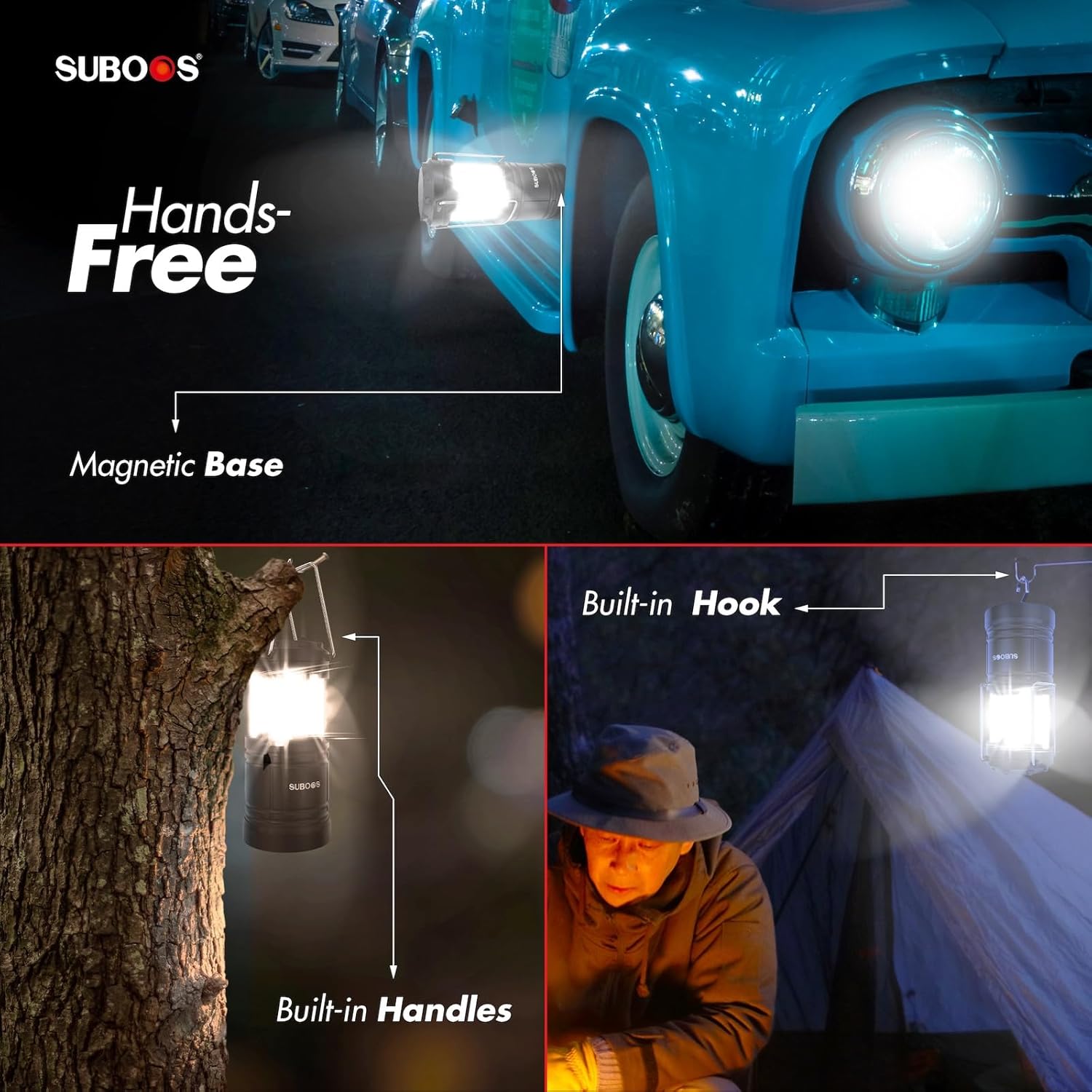 Detalle de SUBOOS Rechargeable Camping Lanterns: Solar & Battery Powered Light with Magnetic Base