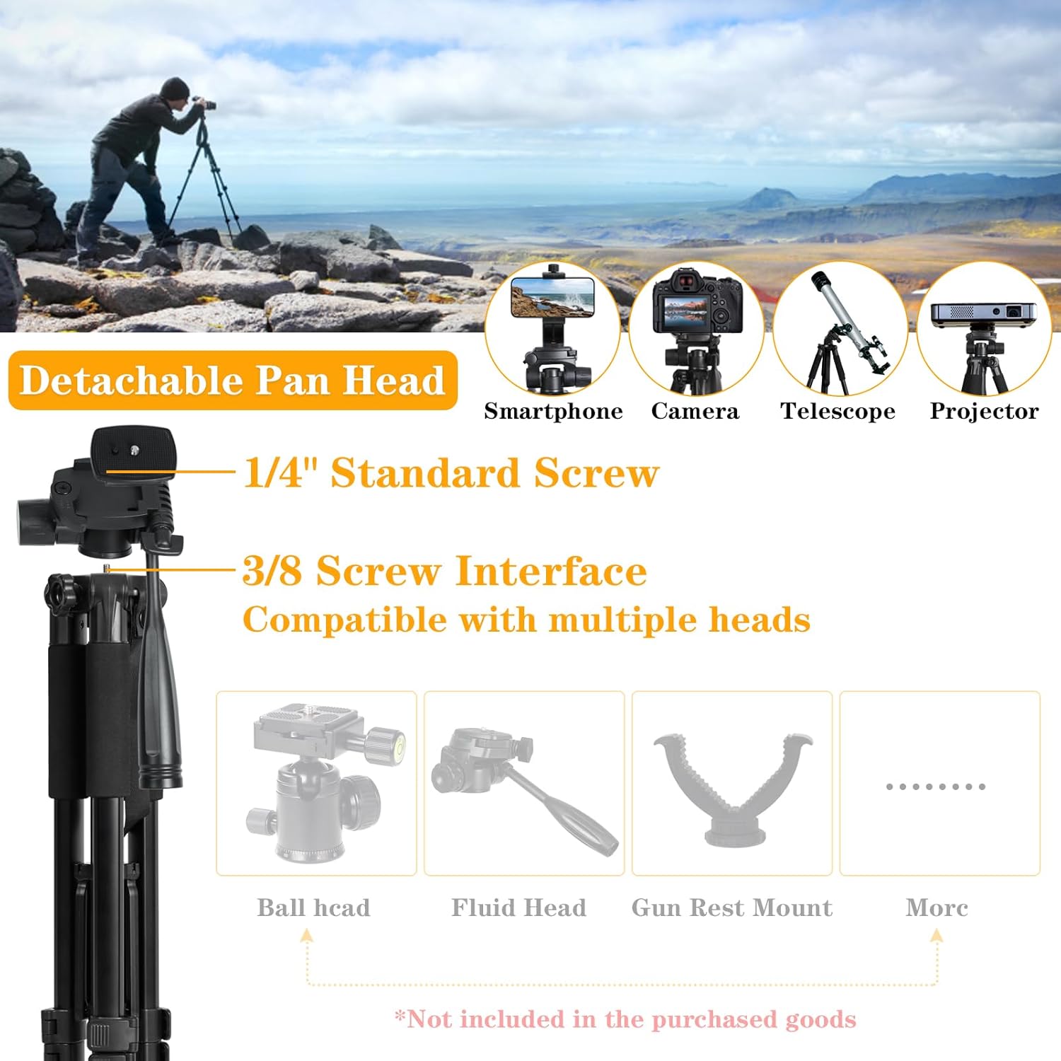 Detalle de LINKCOOL Camera Tripod for Canon, Nikon and Sony – 65" Aluminium Stand with Detachable Head