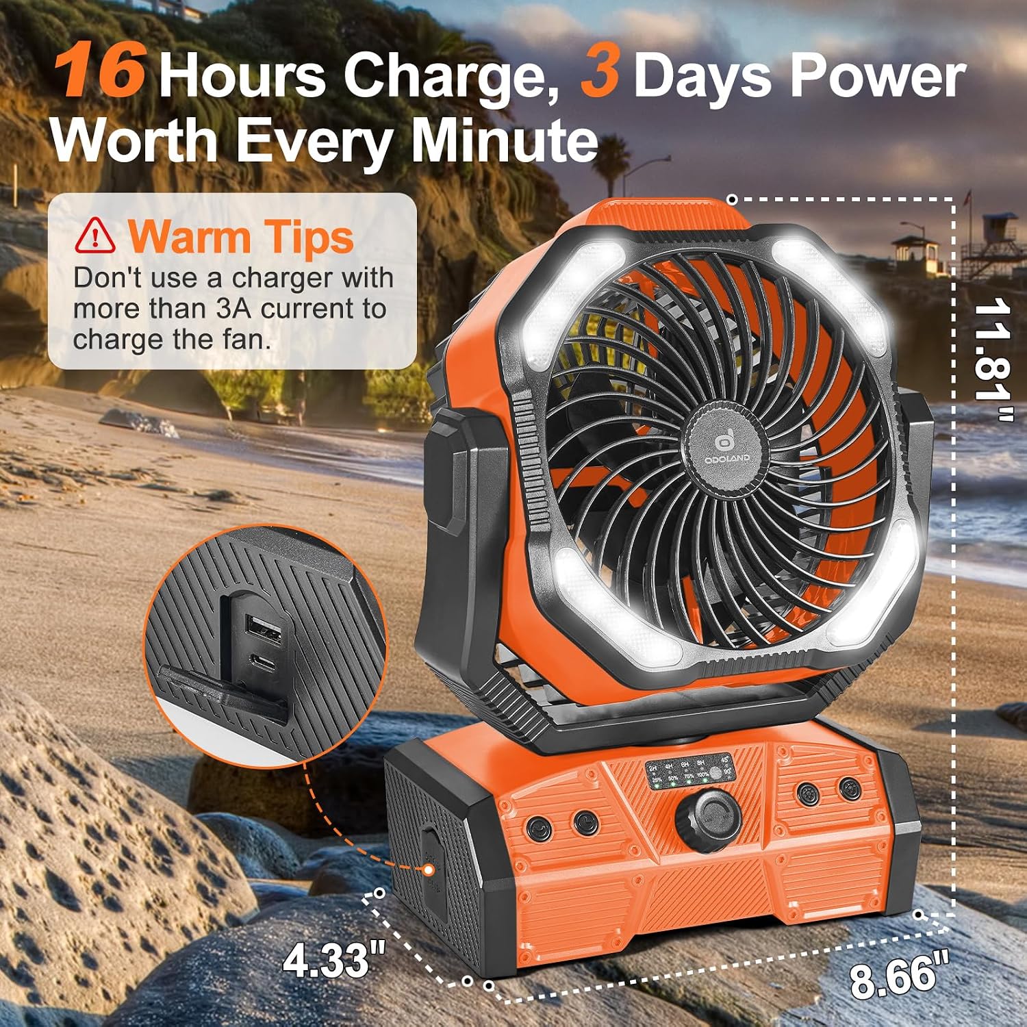 Detalle de Odoland 40000mAh Camping Fan with LED Light — Battery-Operated Oscillating Desk Fan with Remote, Hook, and Tent Light