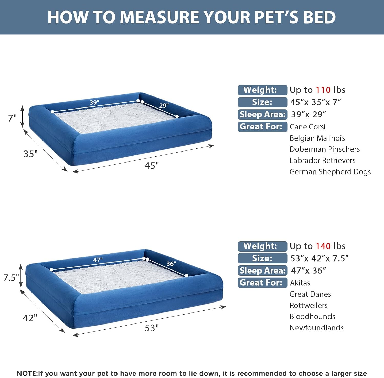 Detalle 1 de WNPETHOME XXL Orthopedic Dog Bed, Memory Foam, Bolster Sides, Blue, 45 x 35 in