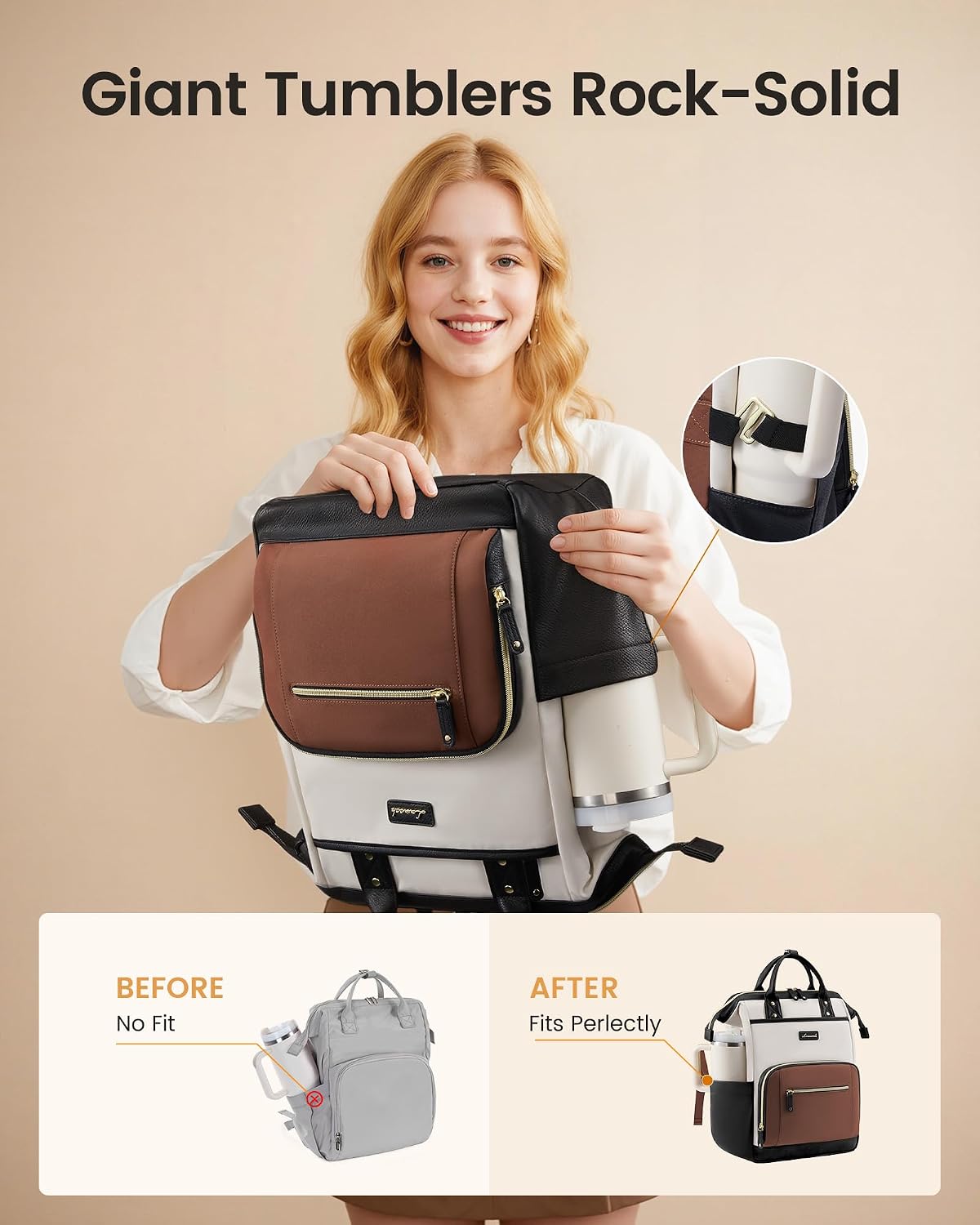 Thumbnail 2 de LOVEVOOK Laptop Backpack for Women with Giant Tumbler Holder (Beige/Black/Brown)
