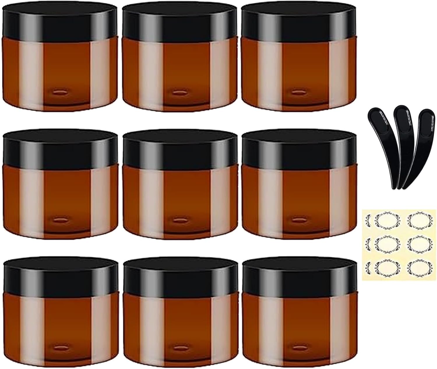 Detalle de Apstaqeoo 9Pcs Round Cosmetic Containers – 60ML Amber Jars with Lids, Spatulas & Labels