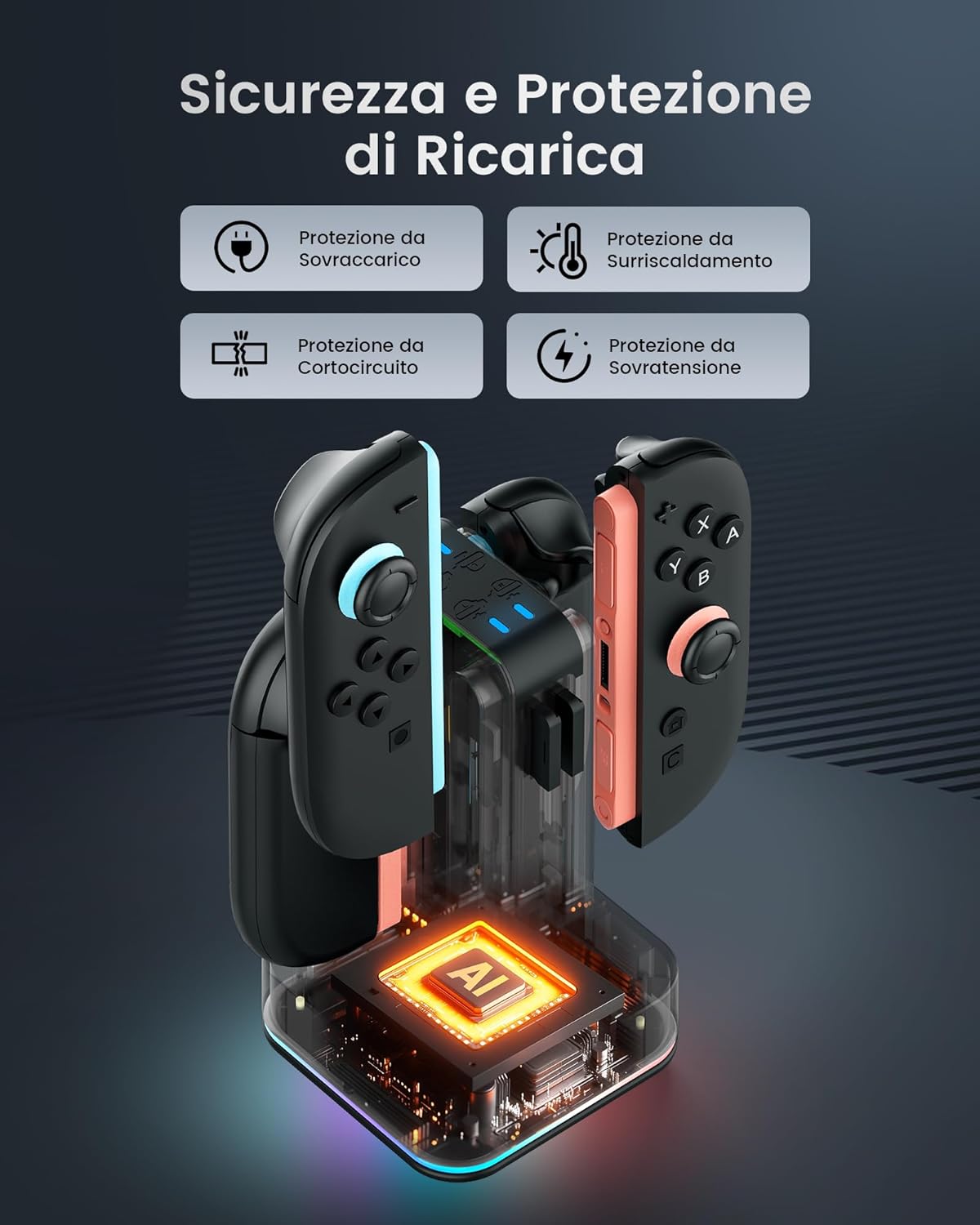 Thumbnail 3 de TRANSNOVO stazione di ricarica 4 in 1 per Nintendo Switch 2 con RGB, 8 alloggiamenti e indicatore LED