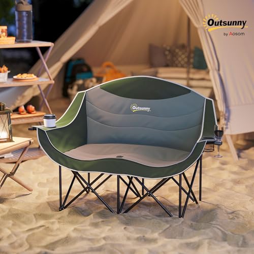 Detalle de Outsunny Faltstuhl 2-Sitzer Faltbar Campingstuhl Getränkehalter Grün