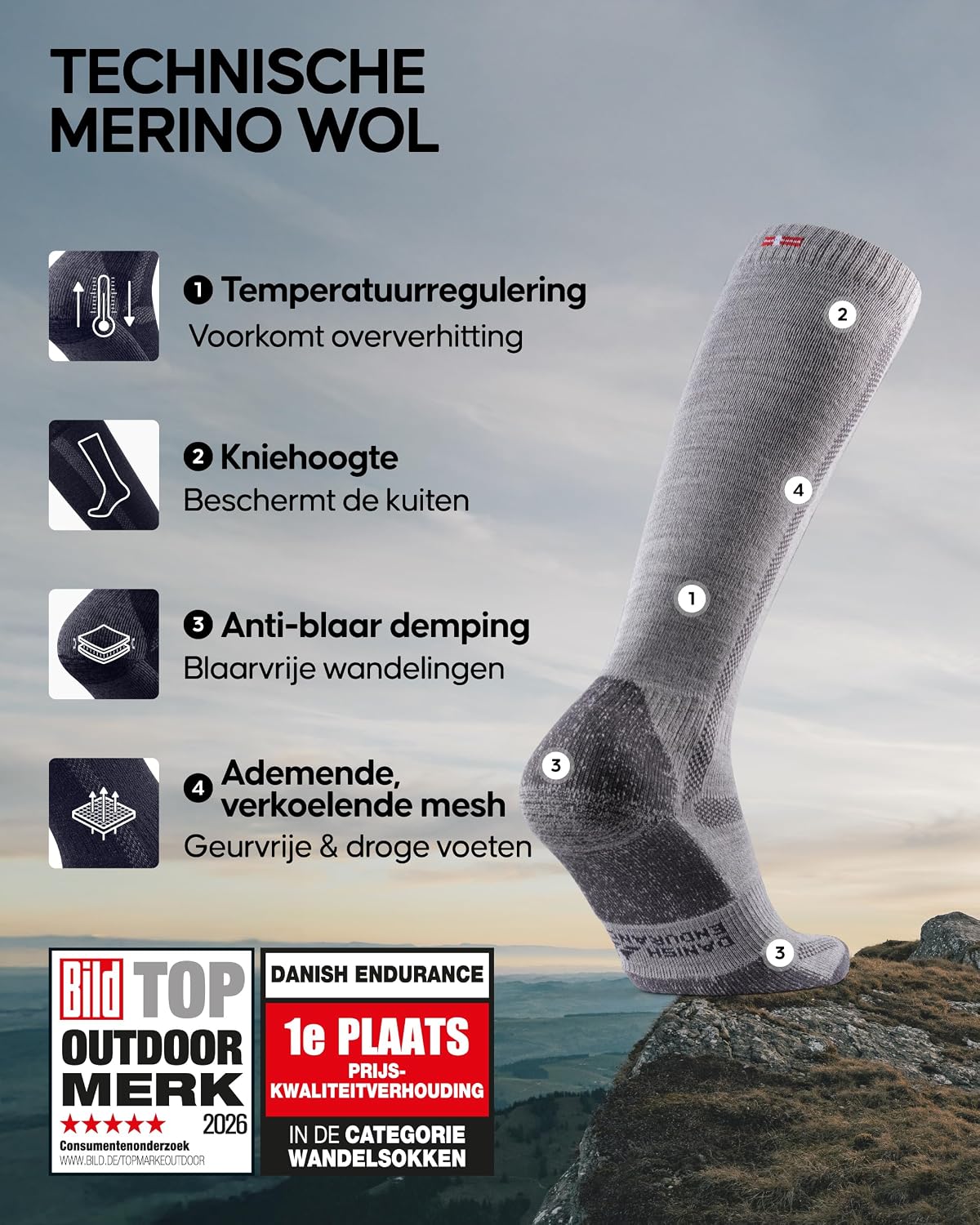 Detalle 2 de DANISH ENDURANCE kniehoge merino-wandelsokken met volledige demping