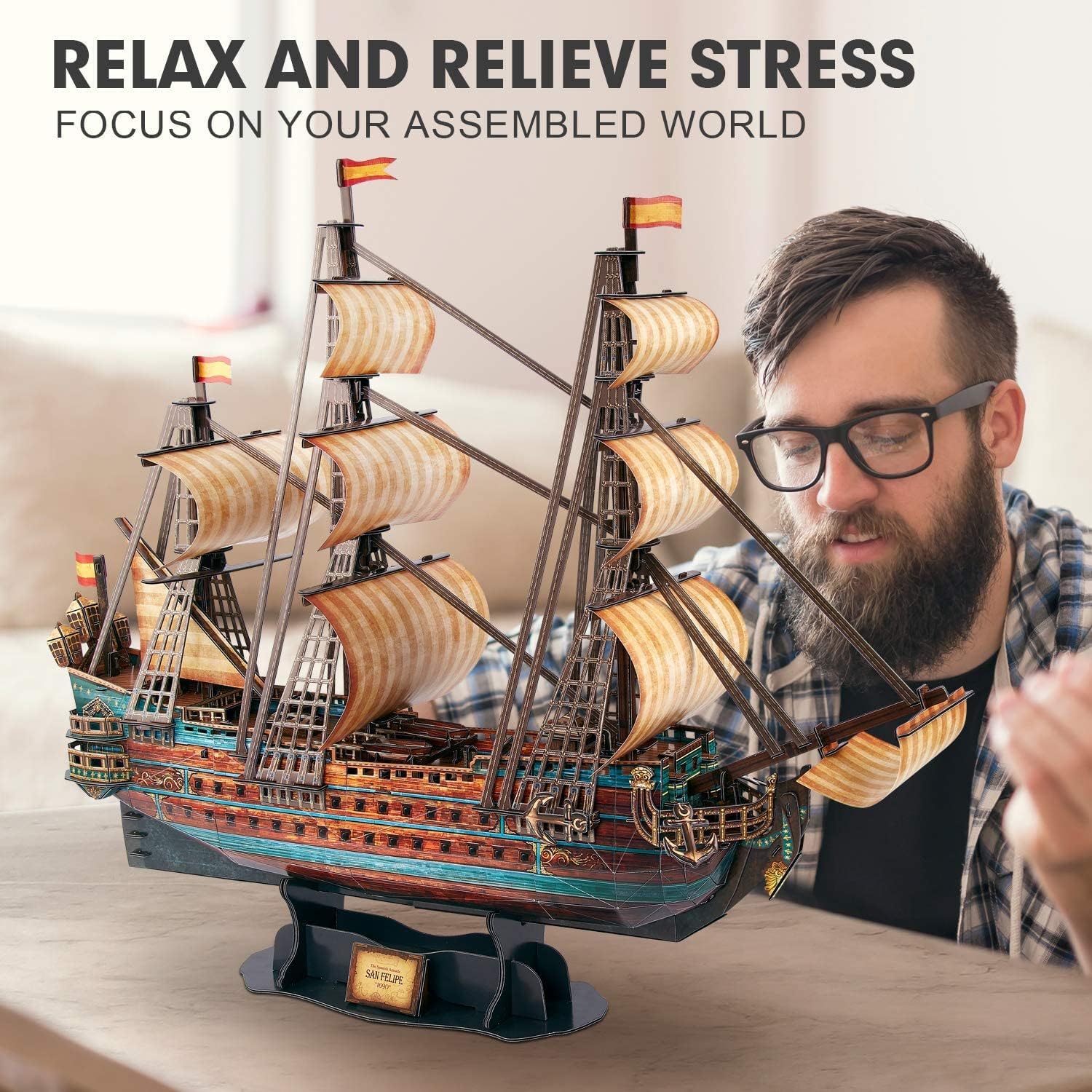 Detalle de CubicFun 3D Puzzle Model Ship (San Felipe) Boat Construction Kit – 248-Piece Papercraft Display Model