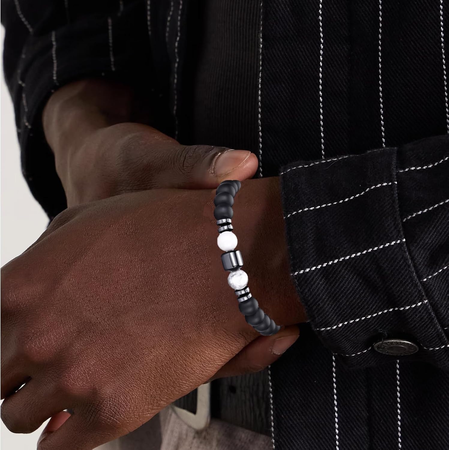 Detalle de RANKEEF Herren-Perlenarmband Set 8 mm Tigerauge & Lavastein – Unisex Stretch-Armband