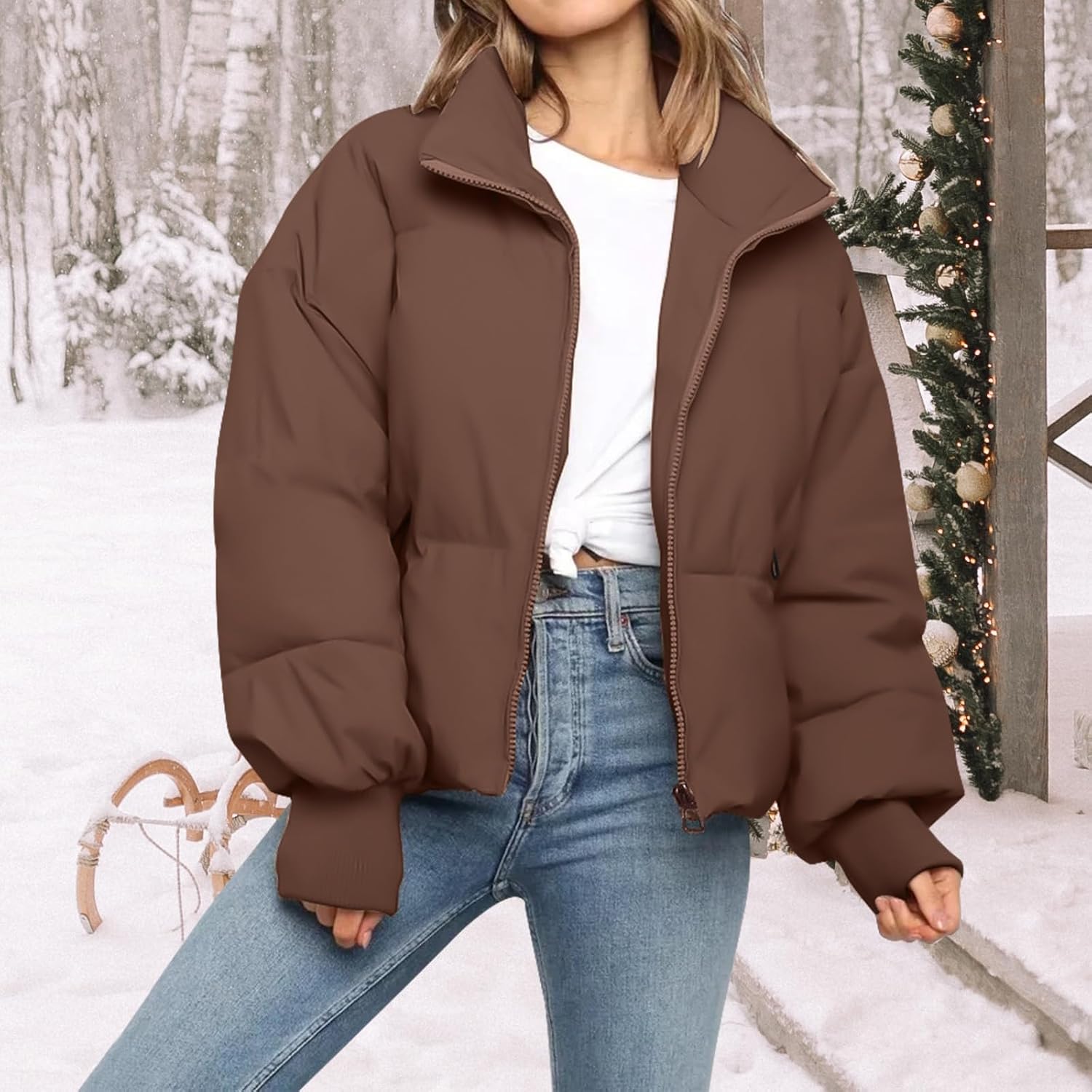 Detalle de Women’s Cropped Puffer Jacket Quilted Zip Down