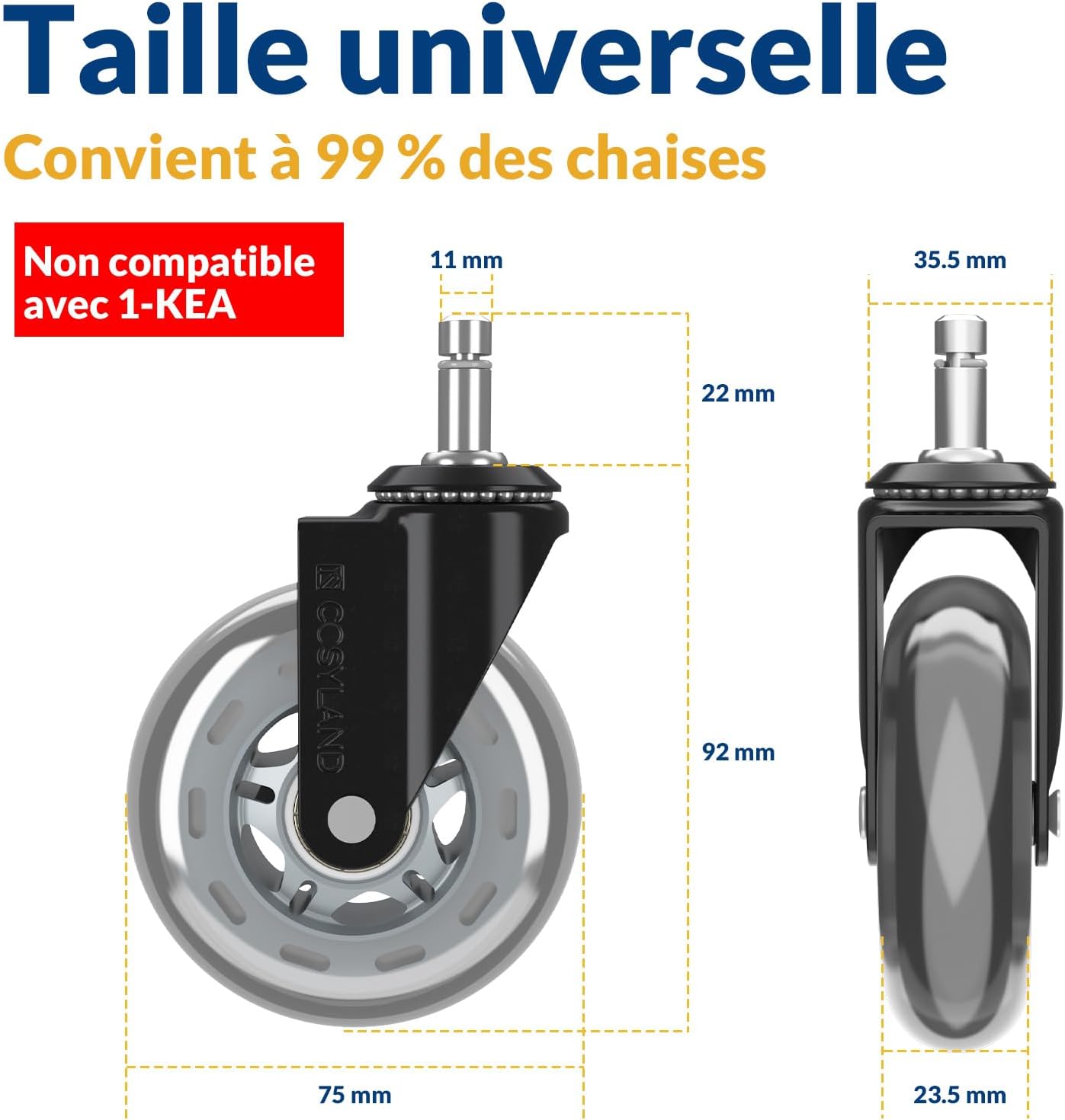 Detalle 2 de COSYLAND 5PCS Roulette Chaise Bureau 11x22mm – Roulettes Silencieuses, Capacité 300 kg, 360°