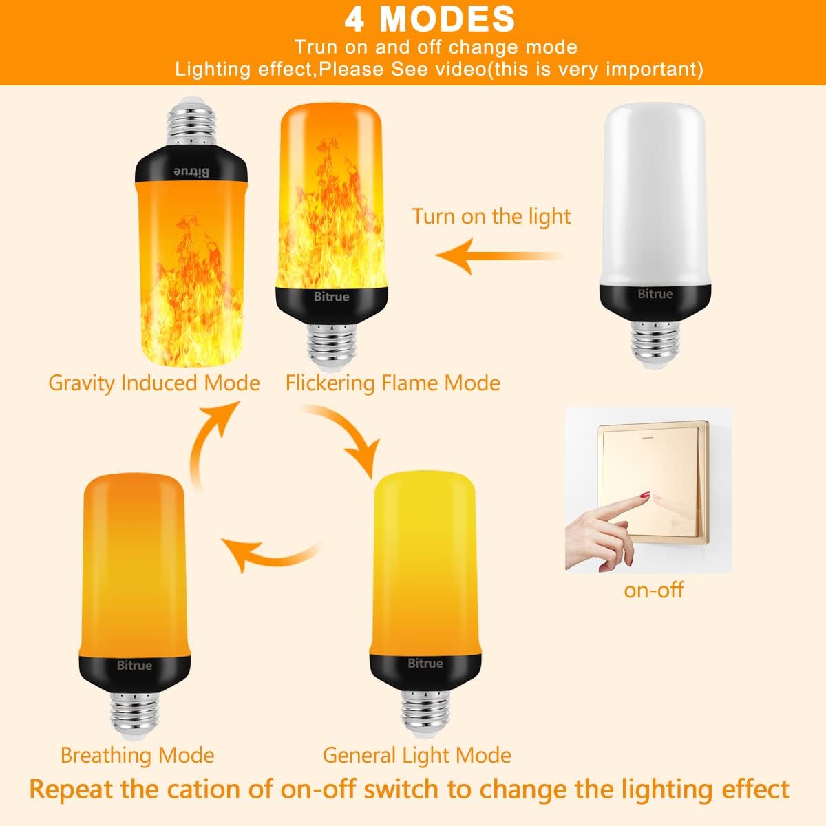 Detalle de Bitrue BF200103D A19 LED Flame Bulbs, E26 Base, 4 Modes, 4-Pack