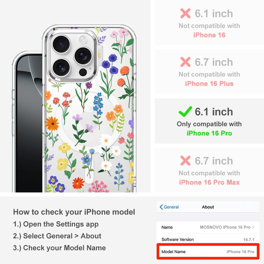Thumbnail 1 de MOSNOVO Case for iPhone 16 Pro (MagSafe Compatible) Clear Botanical Floral Protective Phone Case