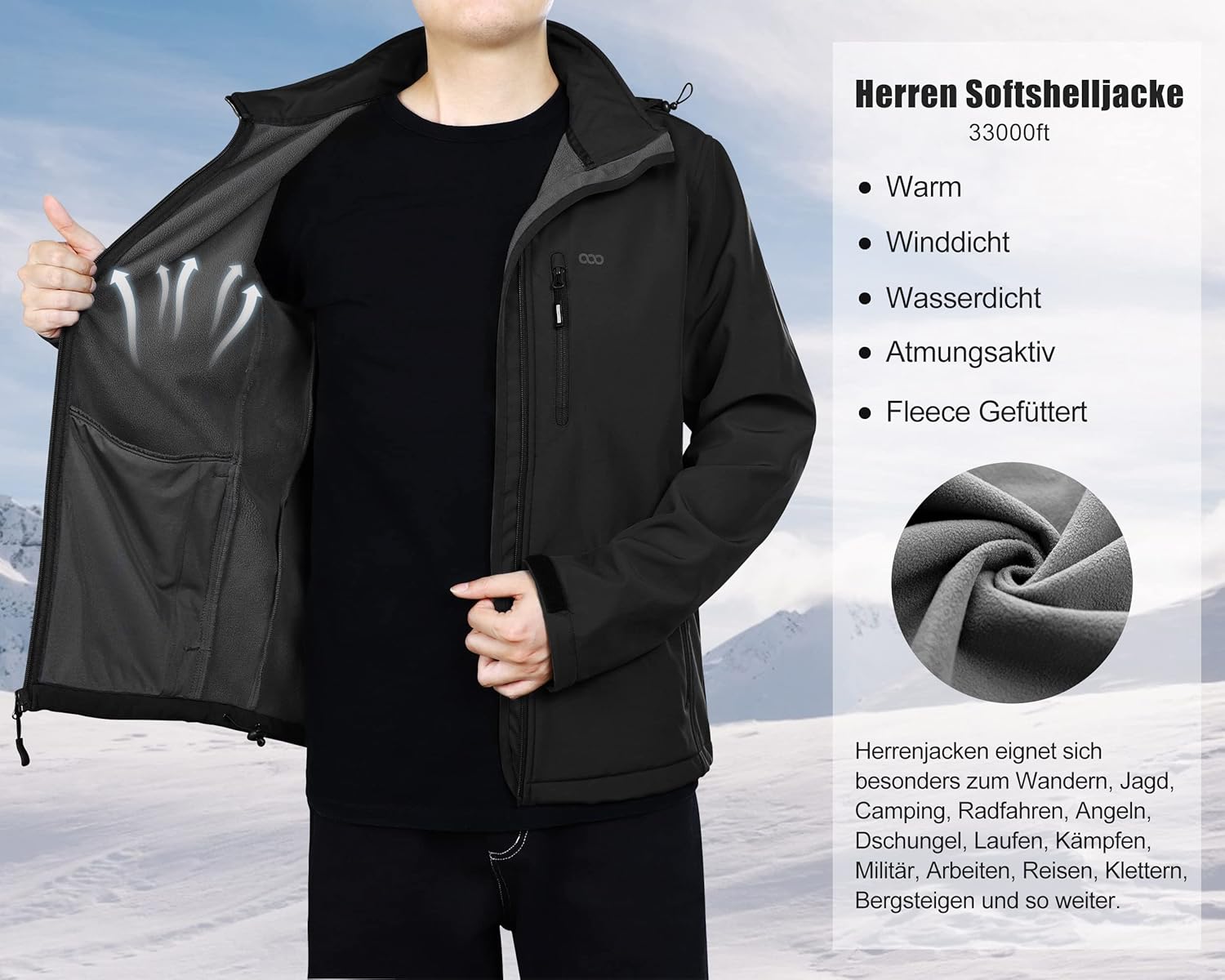 Detalle 2 de 33 000ft Softshelljacke Herren Wasserdicht Warm