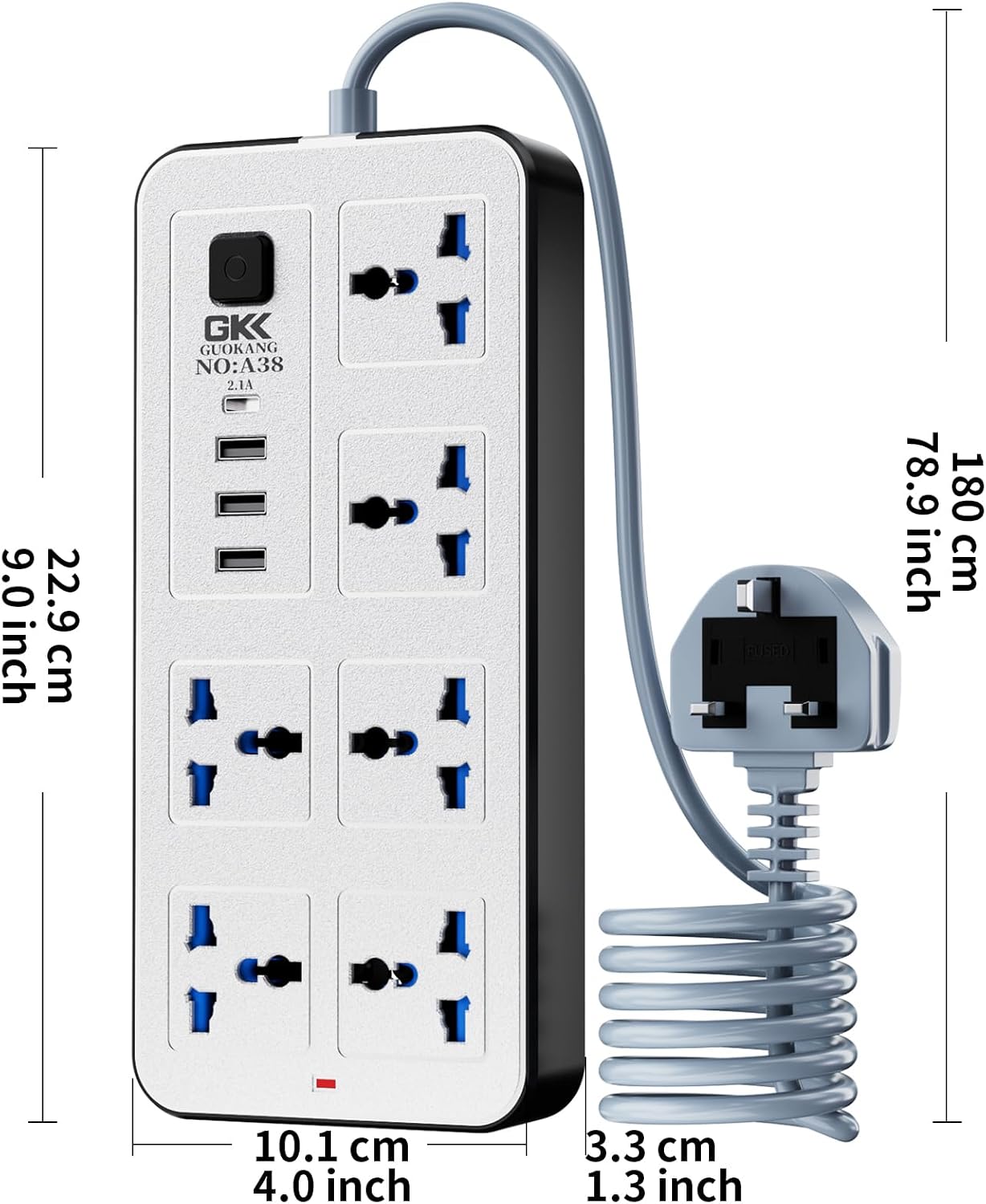 Detalle de UK Power Strip 6-way extension with 3 USB, USB-C and 2500W/10A switch (white)