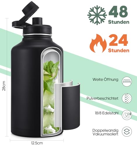 Thumbnail 2 de HydroPal 1.9L Edelstahl Isolierflasche mit Strohhalm – 2 Deckel, auslaufsicher