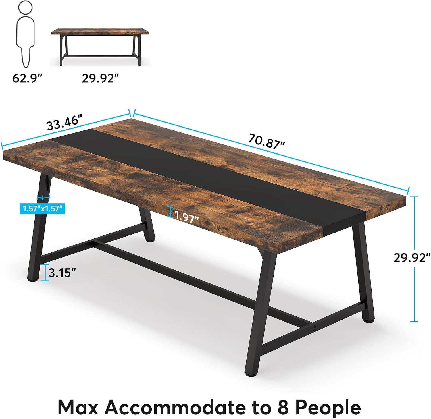 Detalle de LITTLE TREE FSF16 70.87-Inch Dining Table, Rustic Brown, Metal Frame