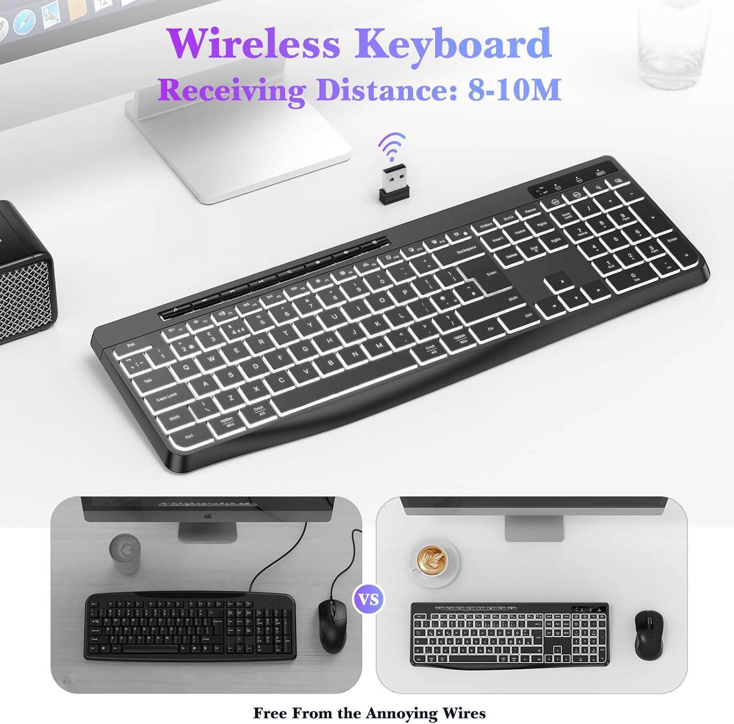 Thumbnail 2 de TECURS Wireless Keyboard White Backlit (UK QWERTY, 2.4G, Full Size)