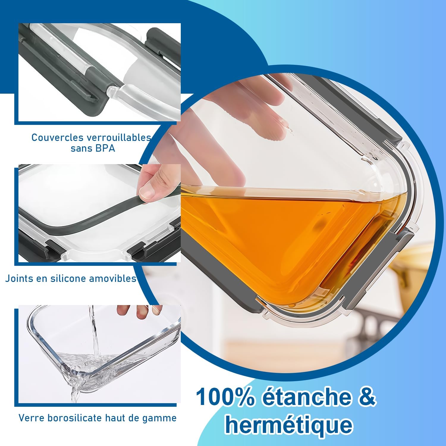 Thumbnail 2 de KUMD Lot de 10 boîtes repas en verre borosilicate 1040 ml avec couvercles amovibles (pack de 5)