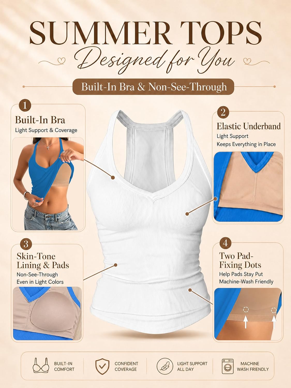 Detalle 2 de Danysu V-Neck Cotton Tank Tops with Built-In Shelf Bra (Racerback Camisole)