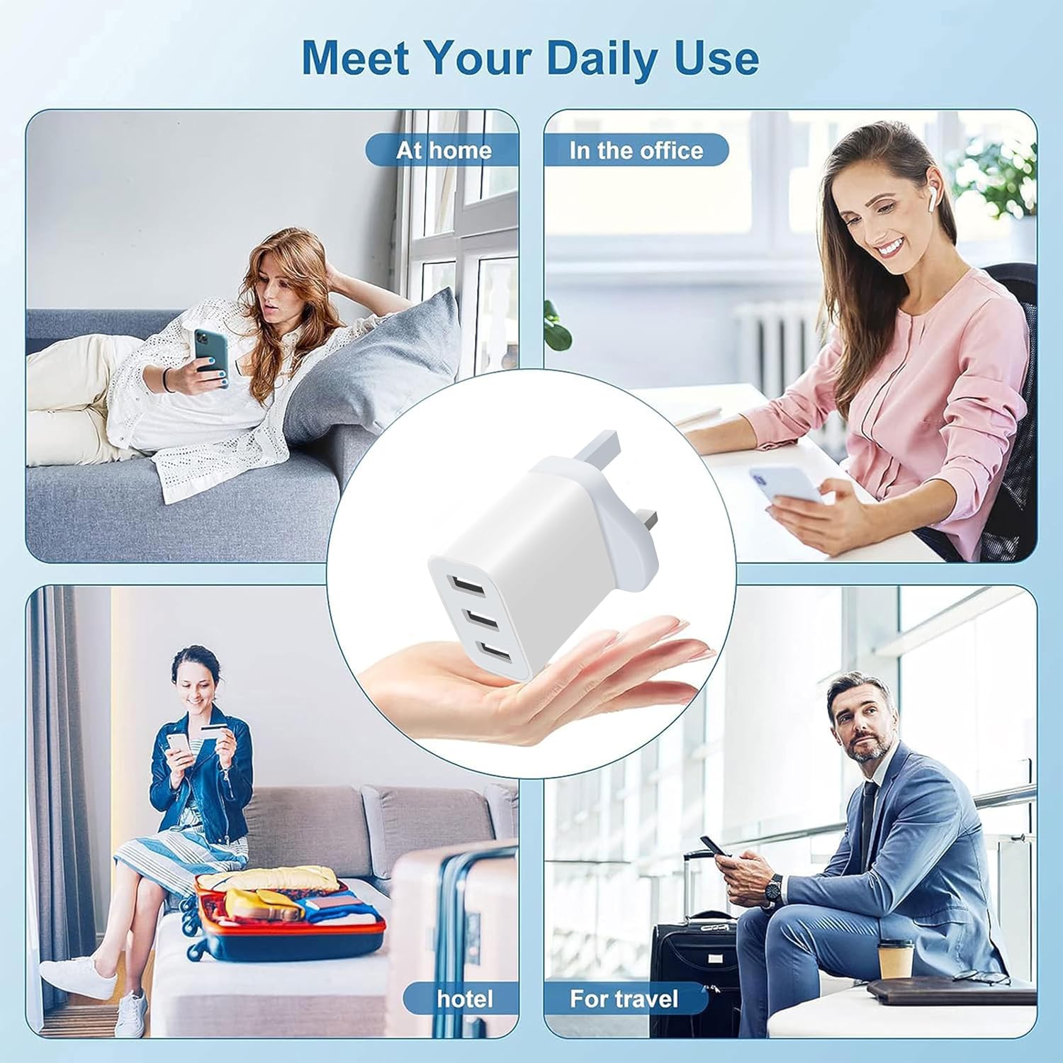 Thumbnail 6 de 3 Pack UK Plug USB Wall Charger with 3 Ports (White-3P) – Multi-Device Fast Charging Adapter