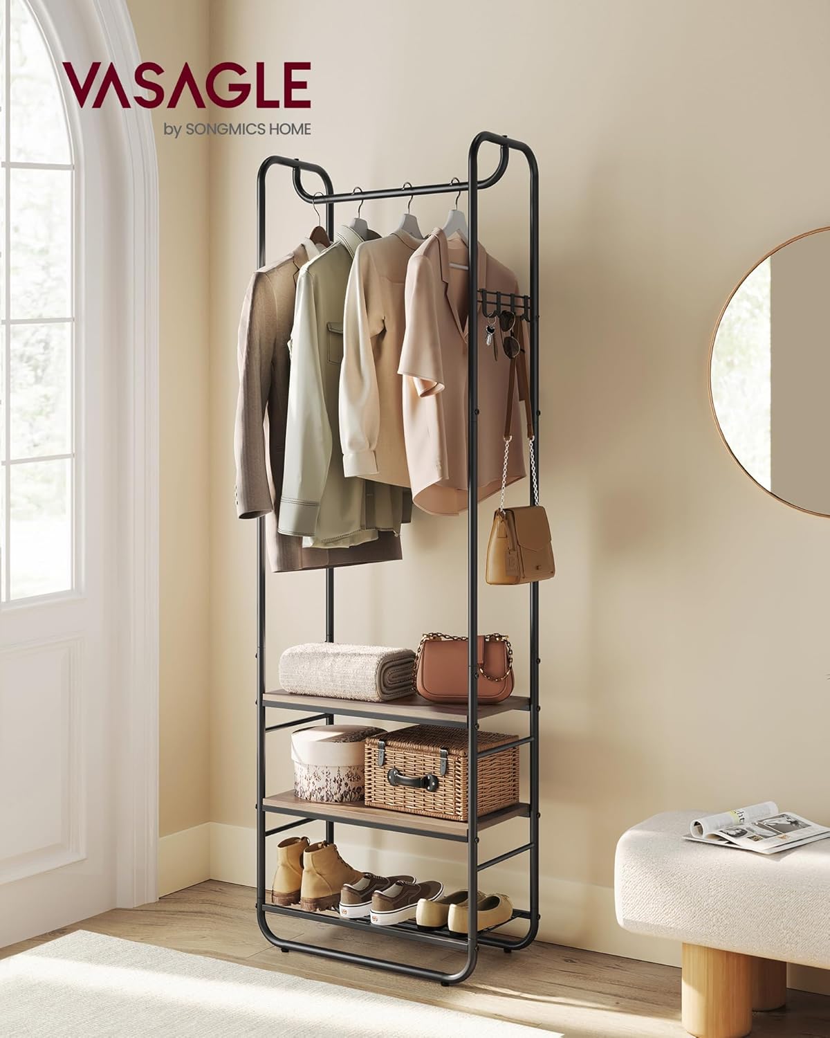 Thumbnail 1 de VASAGLE Appendiabiti con Scarpiera per Ingresso HSR081K01 – stile scandinavo, Nero Inchiostro / Marrone Cammello