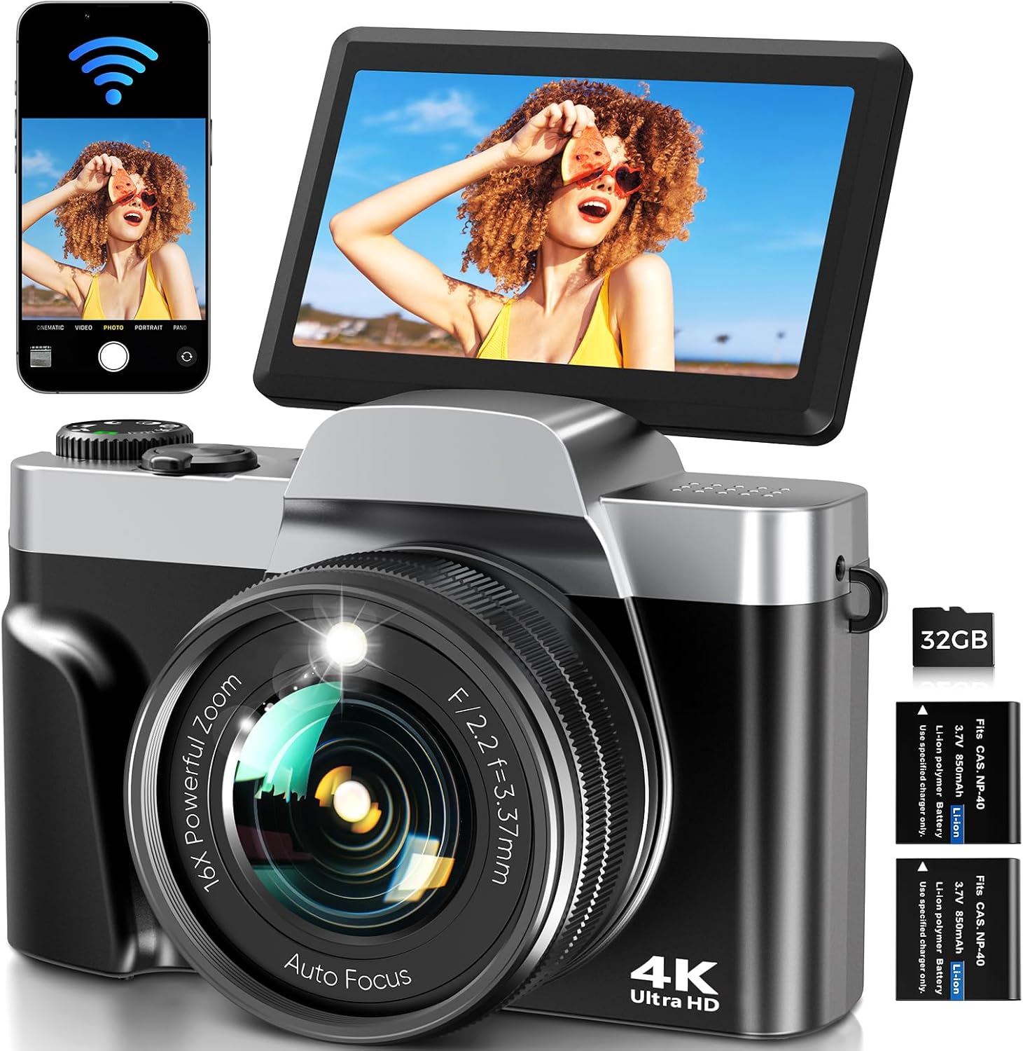 Detalle de Digitalkamera mit WLAN 4K 64MP – kompakte Allround-Kamera für Vlogging & Fotografie
