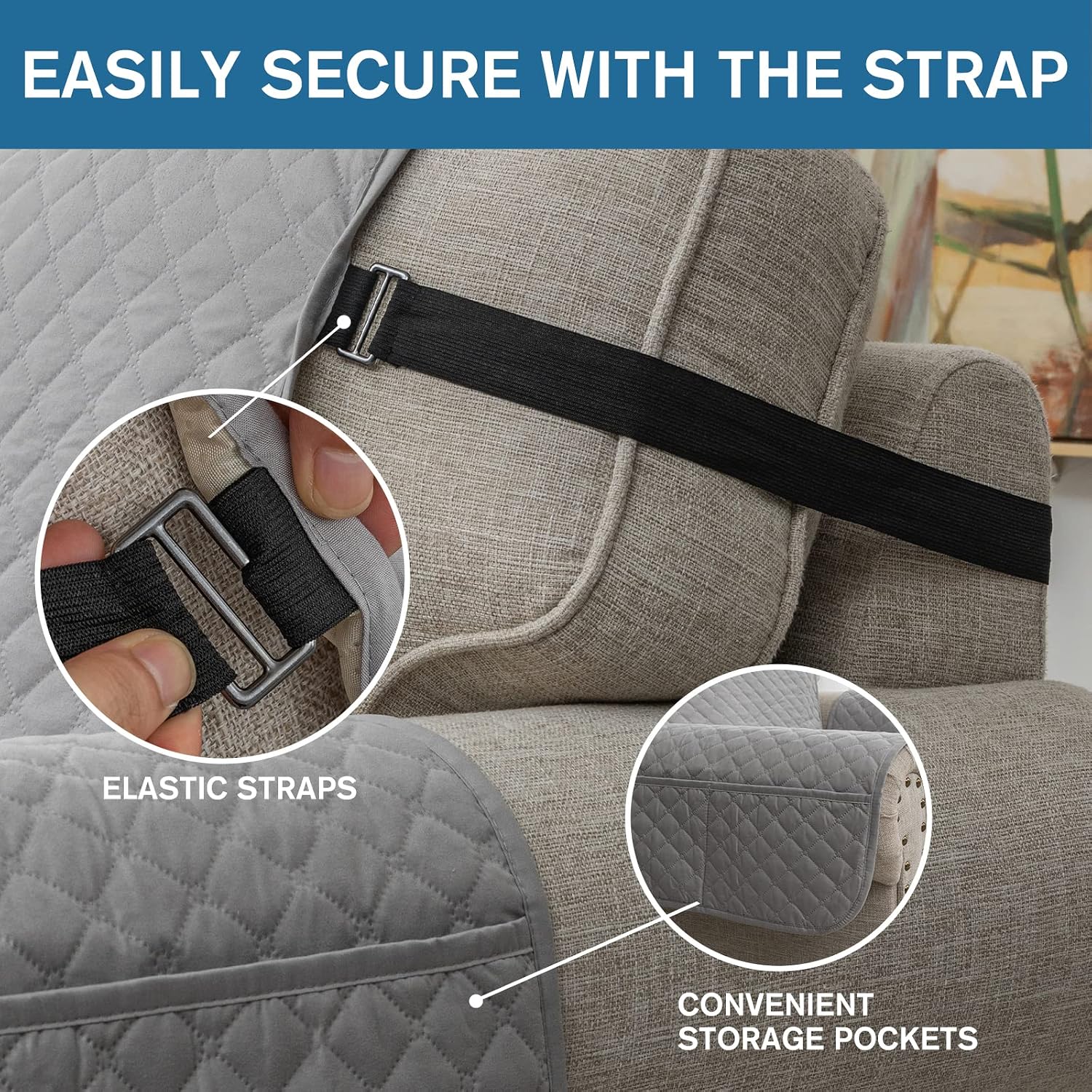 Detalle de XINEAGE Quilted Sofa Covers 3 Seater (Light Grey) – water resistant, reversible sofa protector with elastic straps