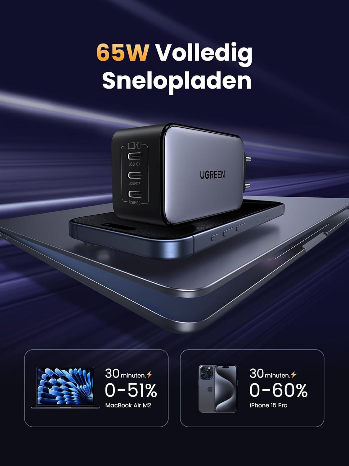 Detalle de UGREEN Nexode 65W USB-C-oplader met 3 poorten en GaN-technologie