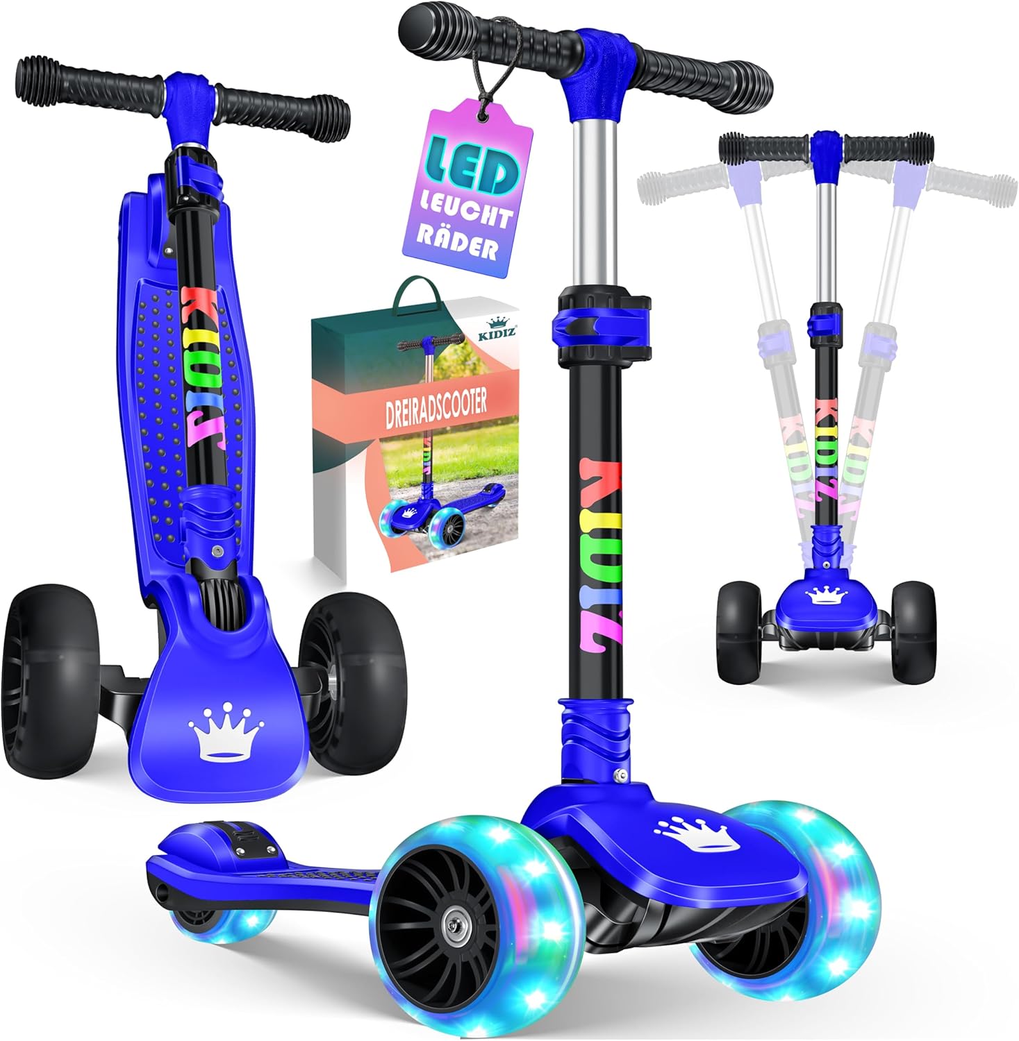 KIDIZ Roller X-Pro2 Dreiradscooter – höhenverstellbar, LED-Räder und Fold-Up für 3–12 Jahre