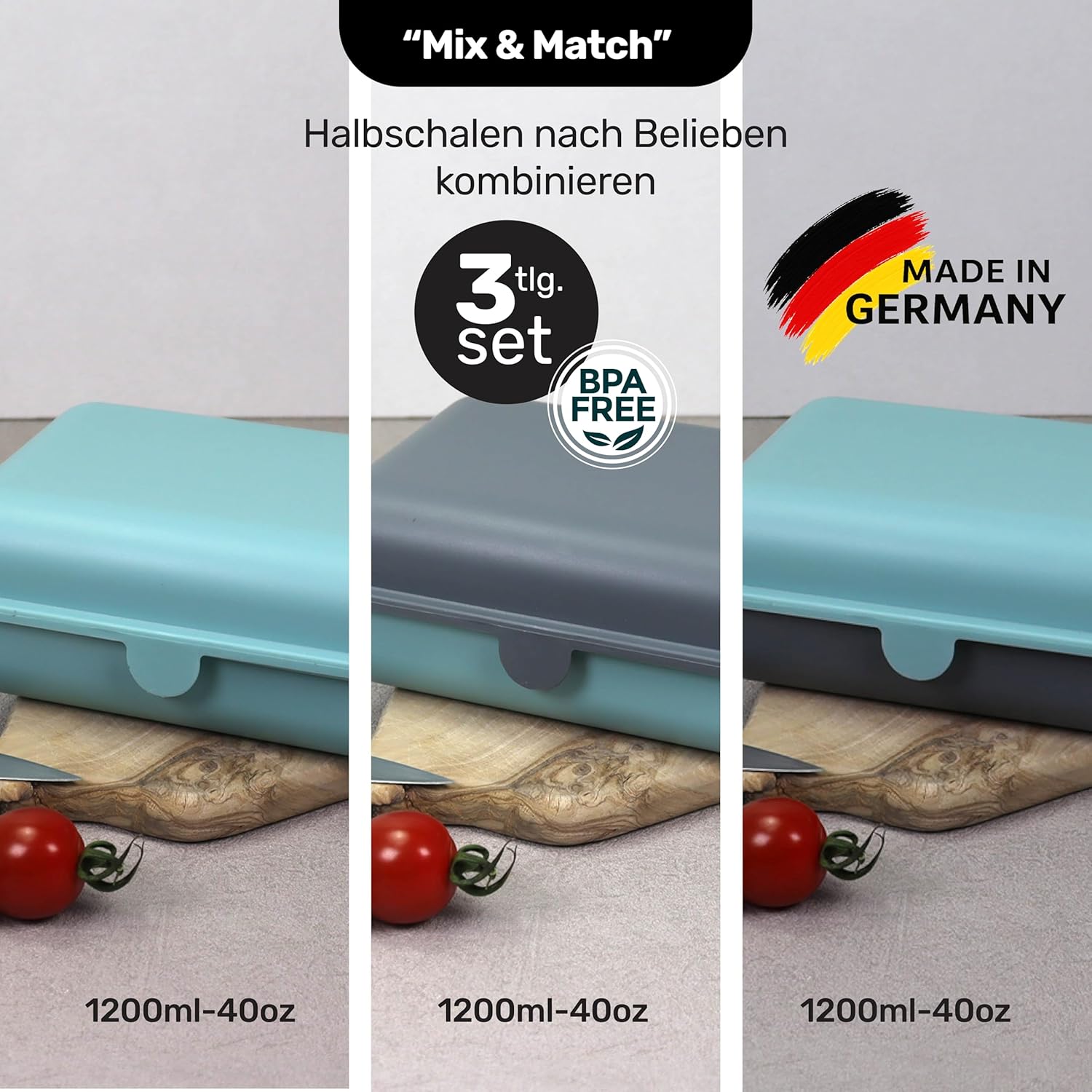 Detalle 2 de Blade Brotbox 3er-Set – Brotdose (1200 ml pro Dose) aus BPA-freiem Kunststoff, Made in Germany, mikrowellen- und spülmaschinensicher
