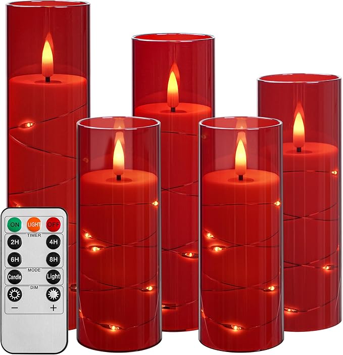 Detalle de Da by Vela LED con guirnalda, mando y temporizador 🕯️ (Rojo, 5 piezas)