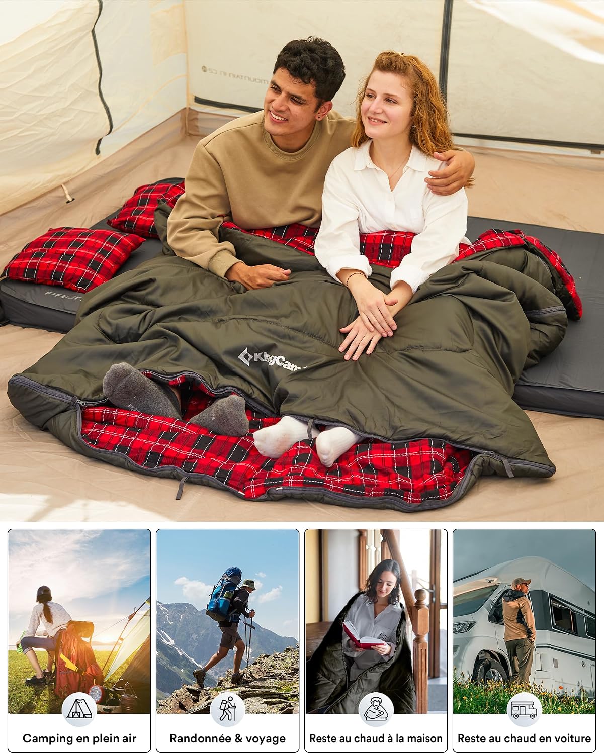 Thumbnail 6 de KingCamp Double Sac de couchage rectangulaire avec 2 oreillers (220 × 150 cm)