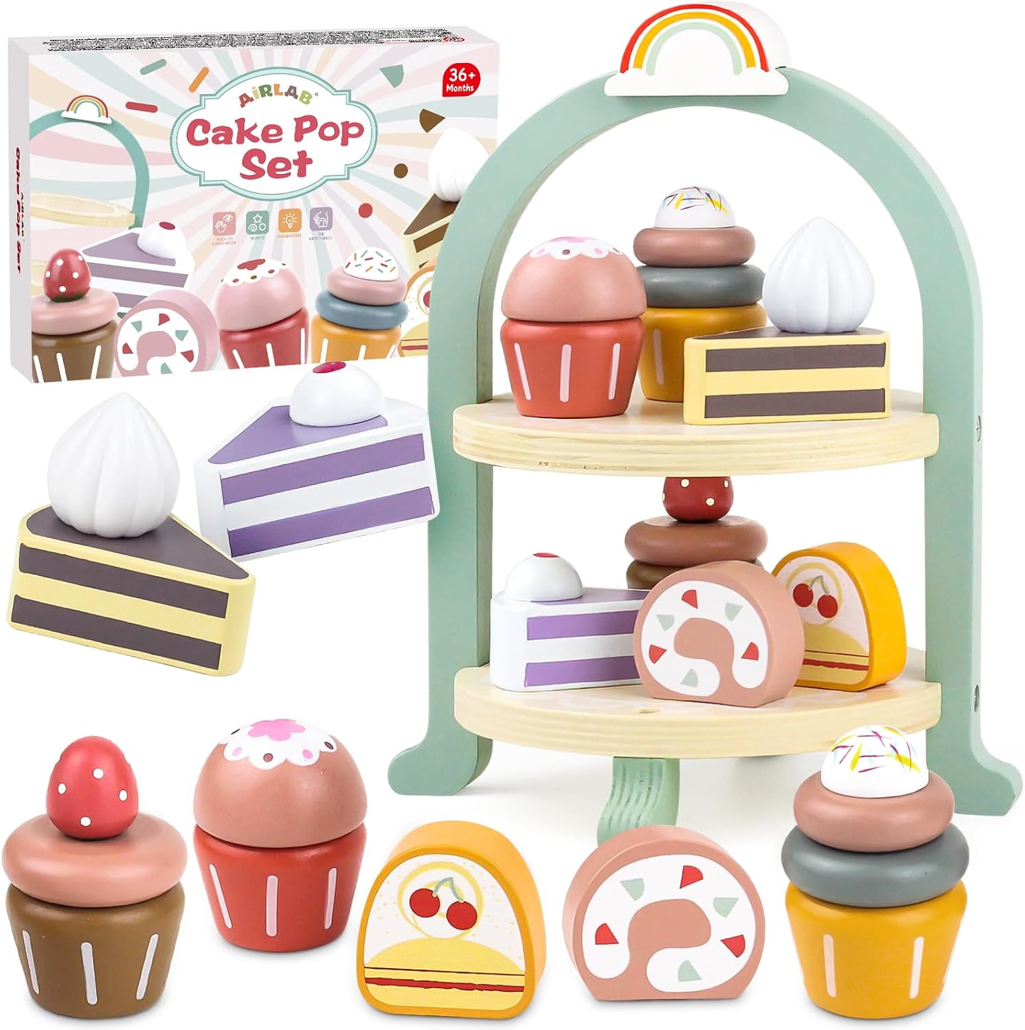 Detalle de Airlab Wooden Cake Dessert Set for Kids — Cupcakes, Cake Stand and Play Food