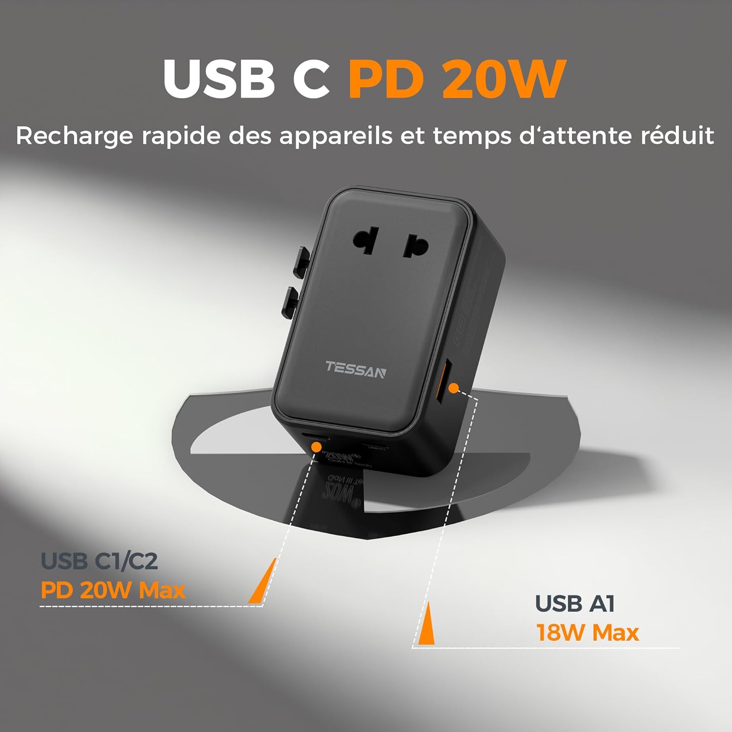Thumbnail 3 de TESSAN Adaptateur Prise Universelle PD 20W — 4 en 1, USB-C x2 et USB-A, voyage sans compromis