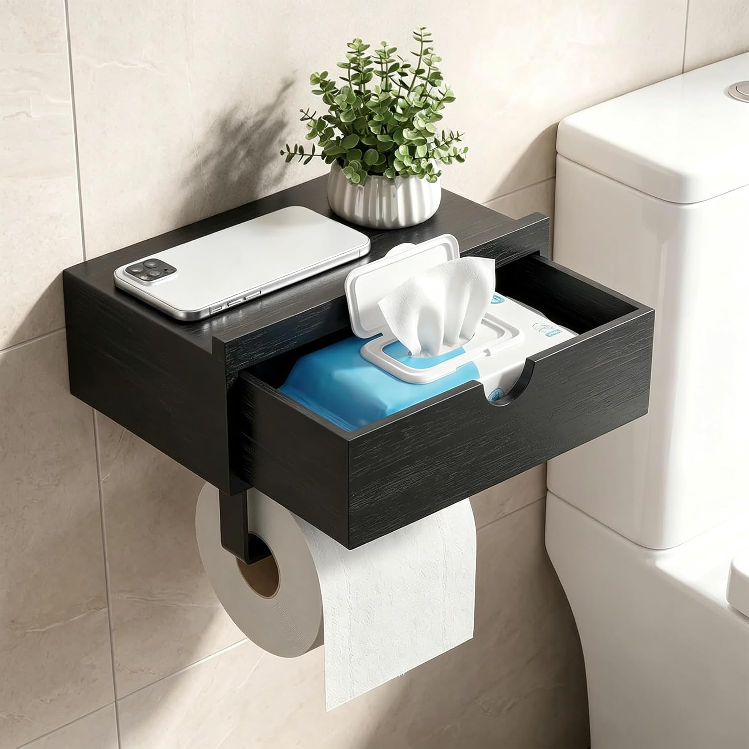 Detalle de Zllzpzd 27ZMHJEU toiletpapierhouder met plank en opberglade in bamboe