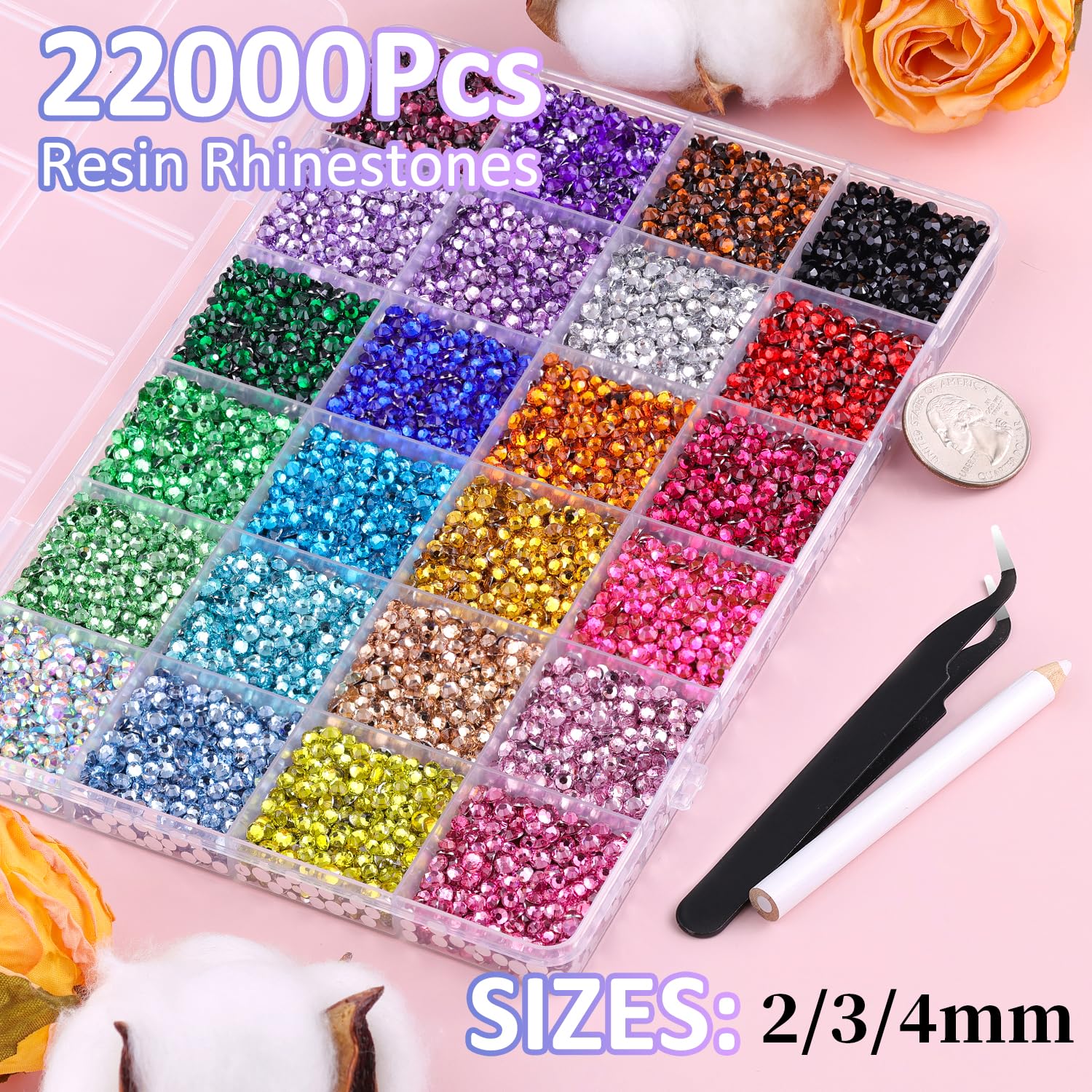 Detalle 2 de 22000Pcs Resin Rhinestones for Bedazzling with Tweezers — Mixed Colors 2/3/4mm Set with B7000 Glue