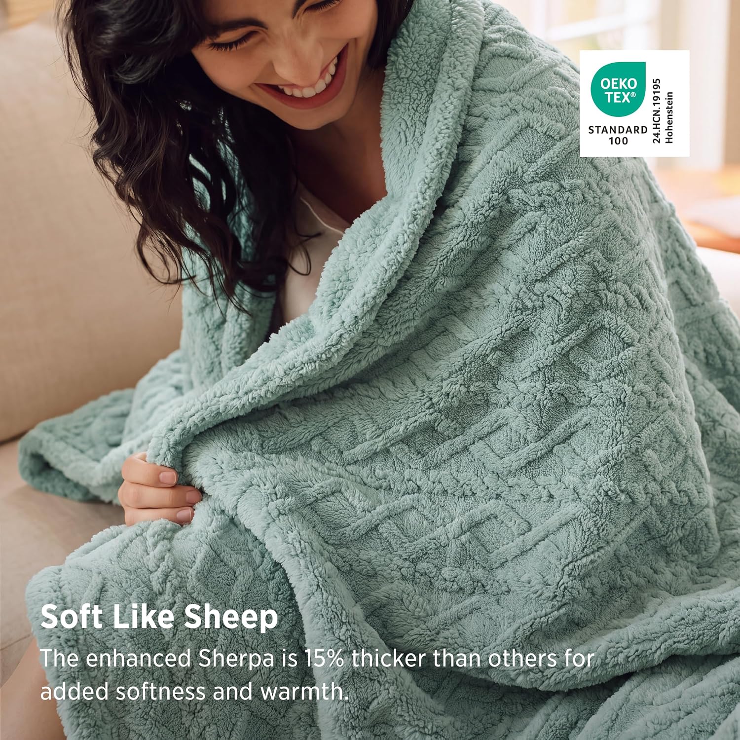 Detalle de Bedsure Sherpa Fleece Blanket, Queen 90x90 Inches, Sage Green Cable Jacquard
